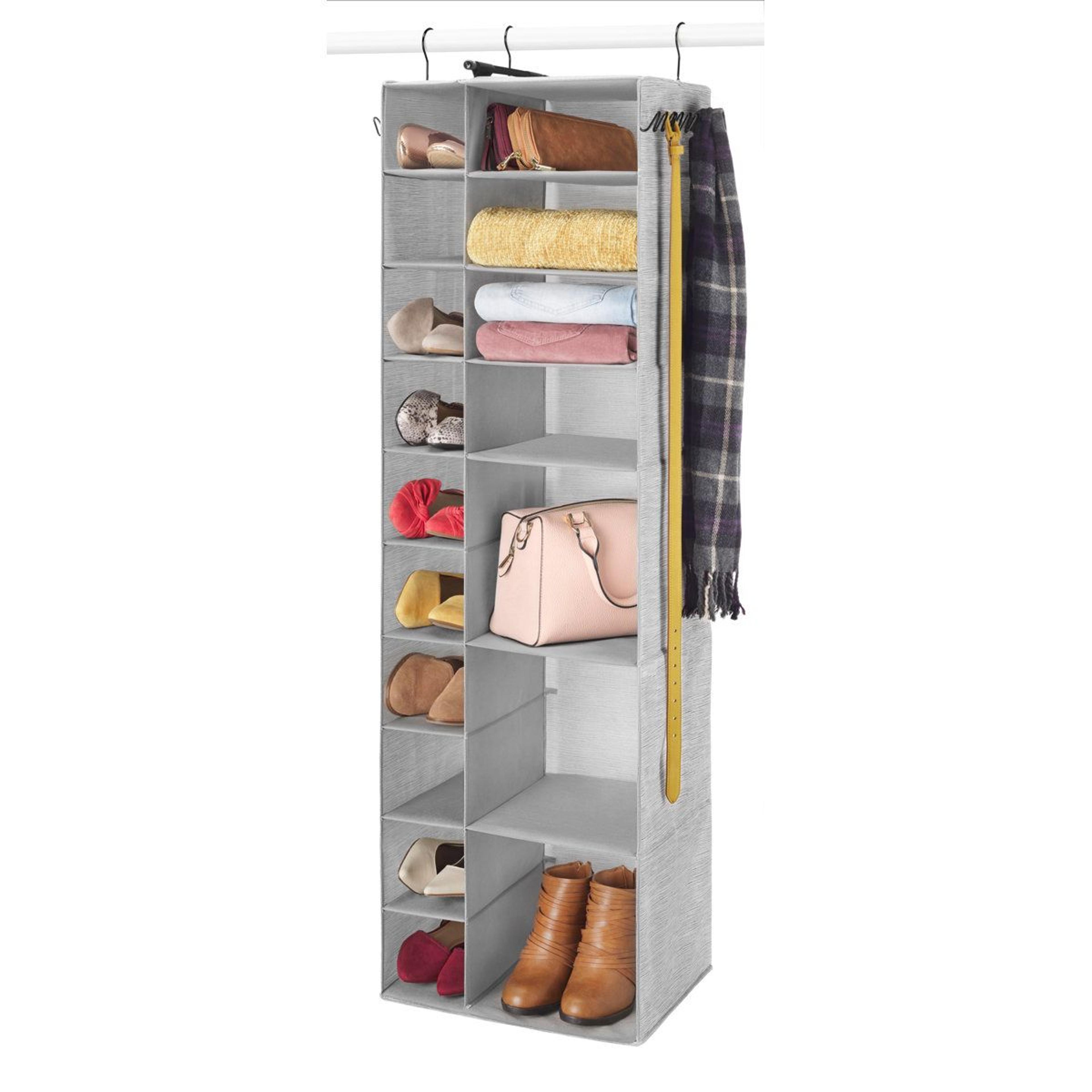 hanging shoe and sweater organizer with fabric shelves and metal hooks