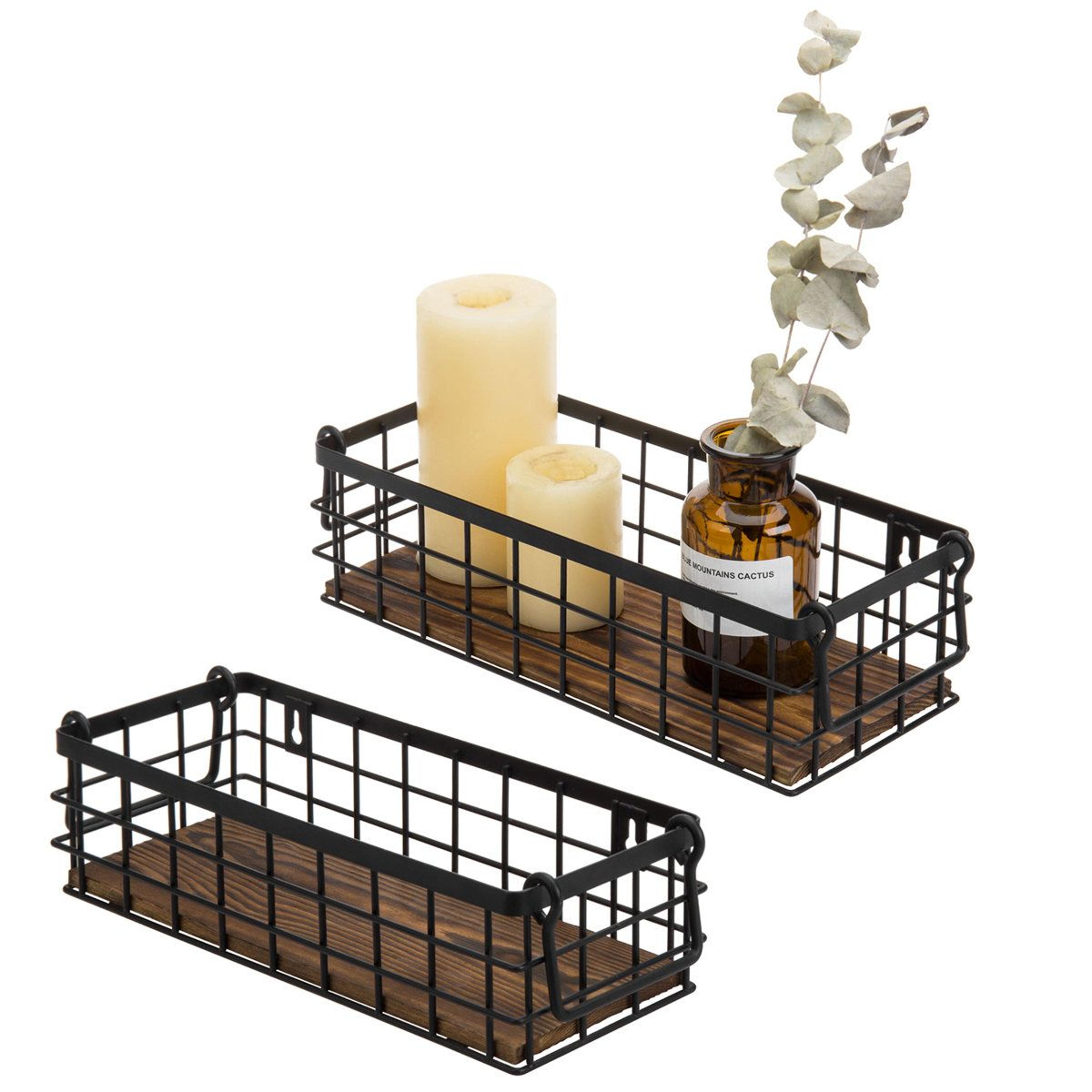 2 piece farmhouse decorative storage basket set with metal wire and burnt wood