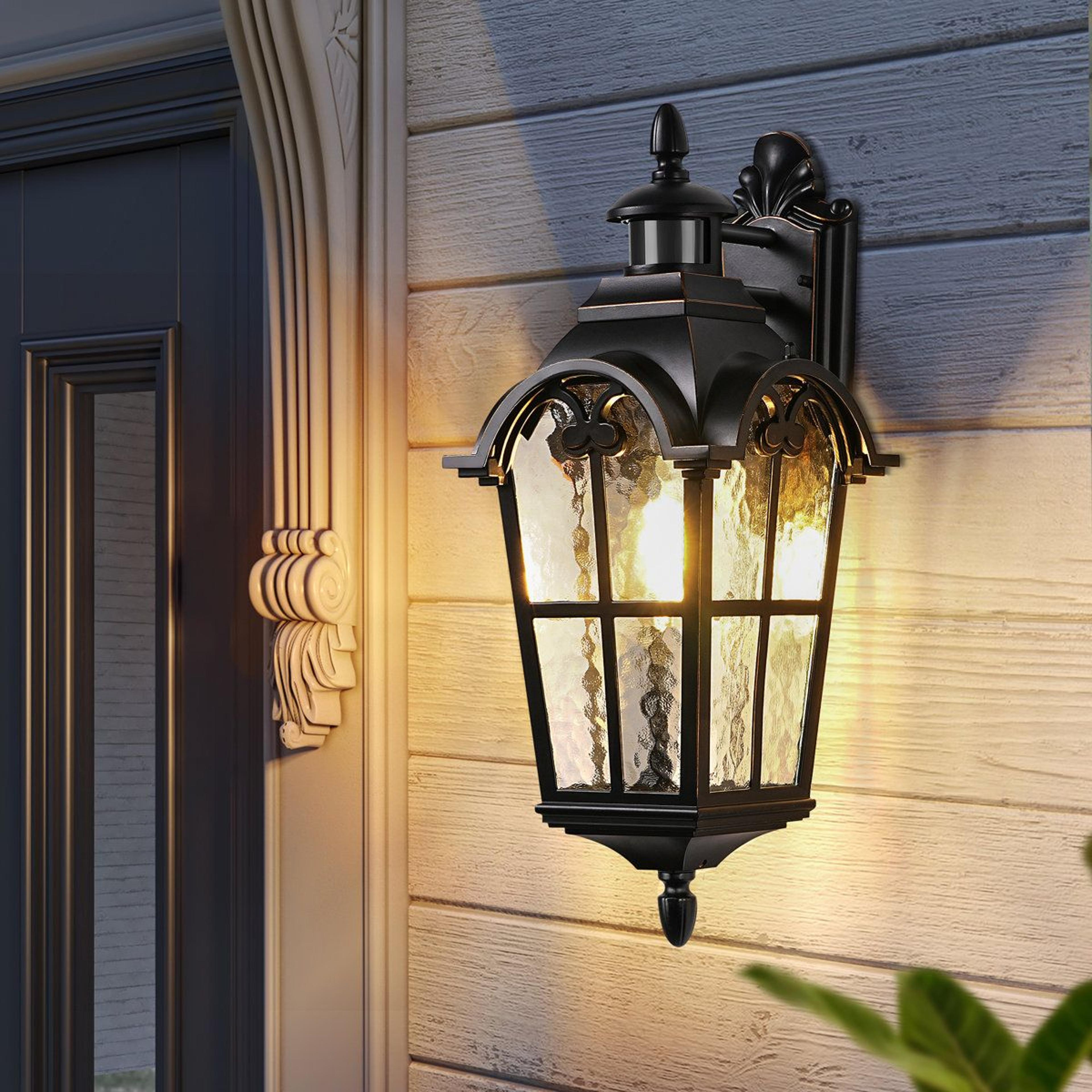 aluminum outdoor wall lantern with motion sensor and dusk to dawn lighting