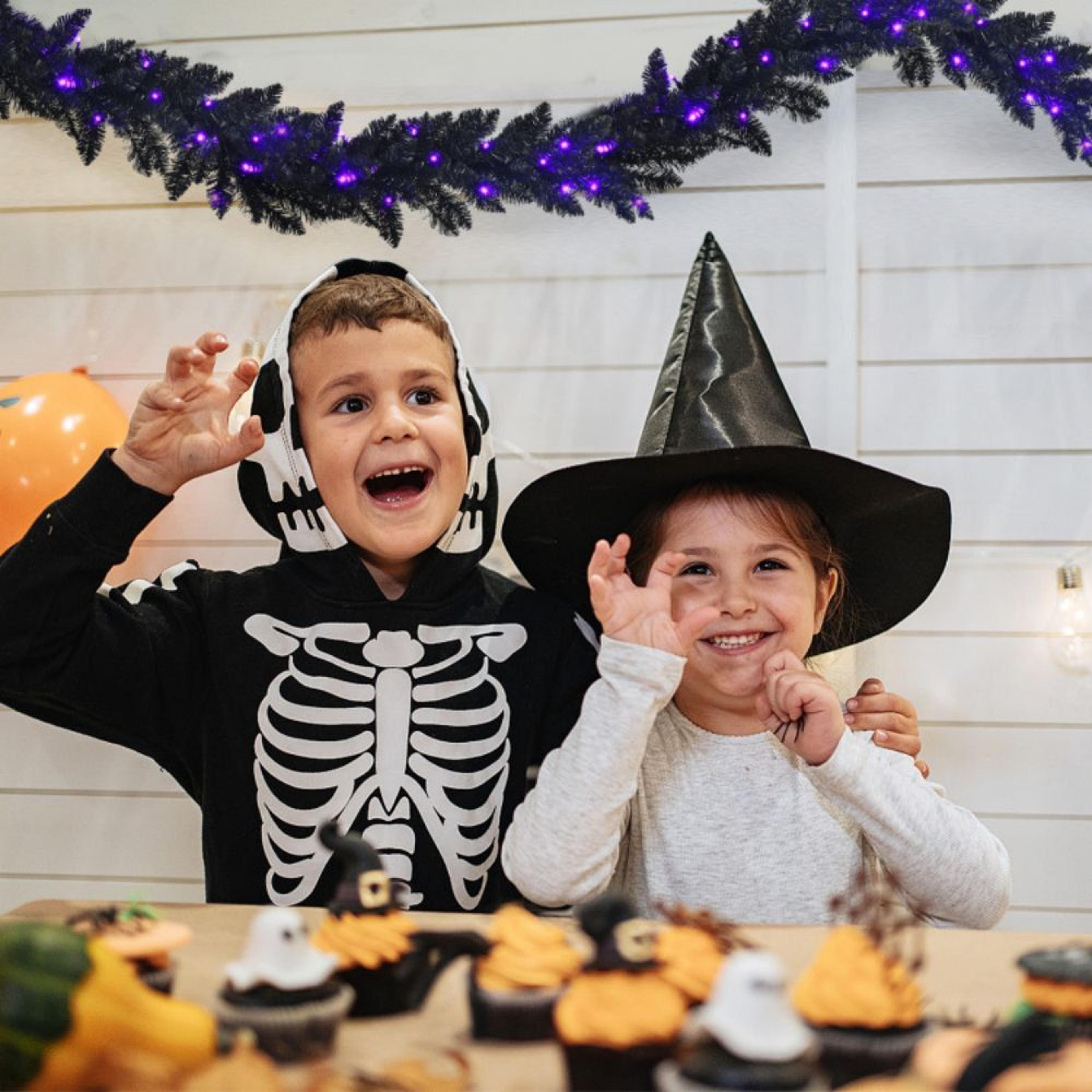 9 Ft PreLit Black Halloween Garland With 50 Purple LED Lights 4
