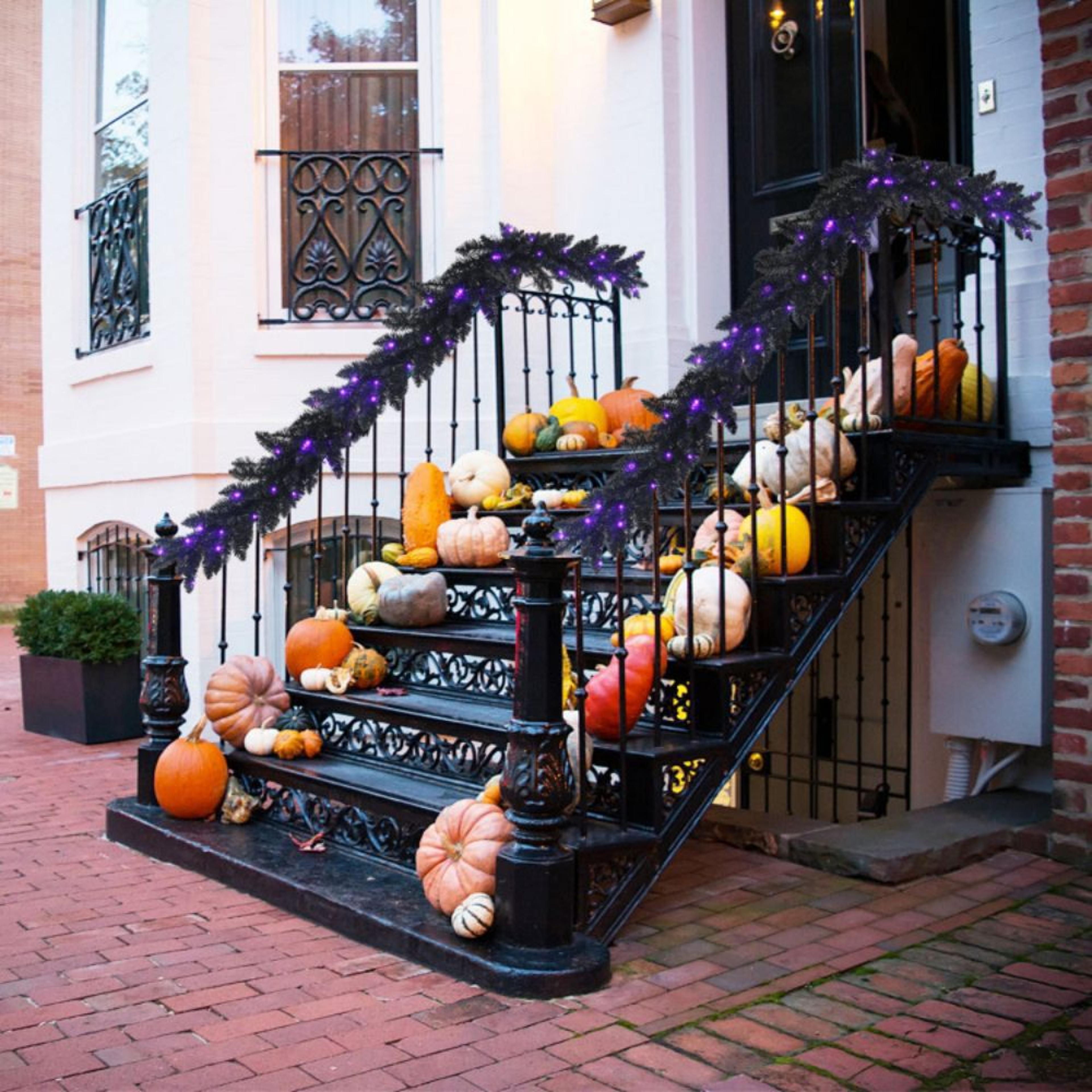 9 Ft PreLit Black Halloween Garland With 50 Purple LED Lights 2