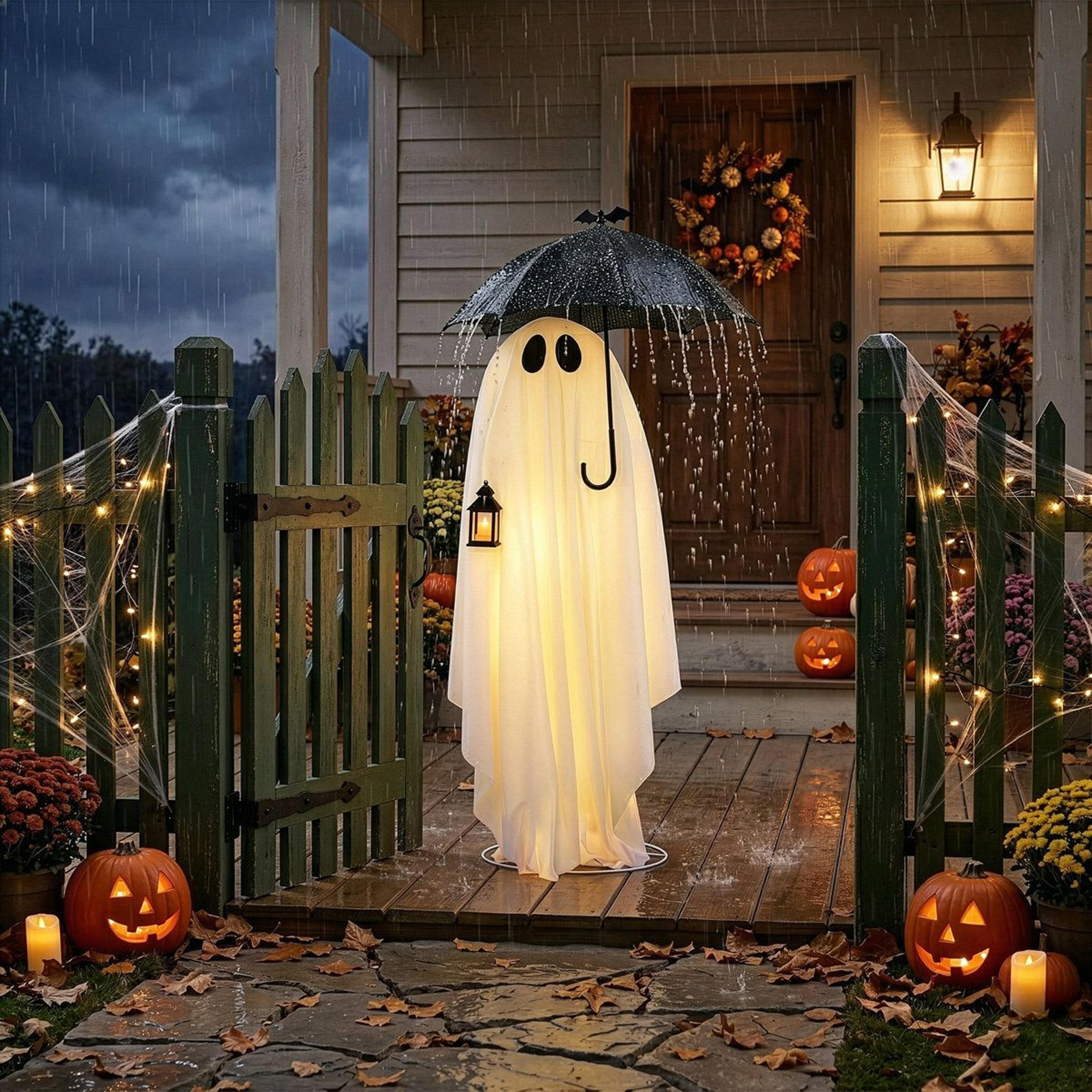 57.6-inch lighted ghost decoration with umbrella and 100 warm white led lights