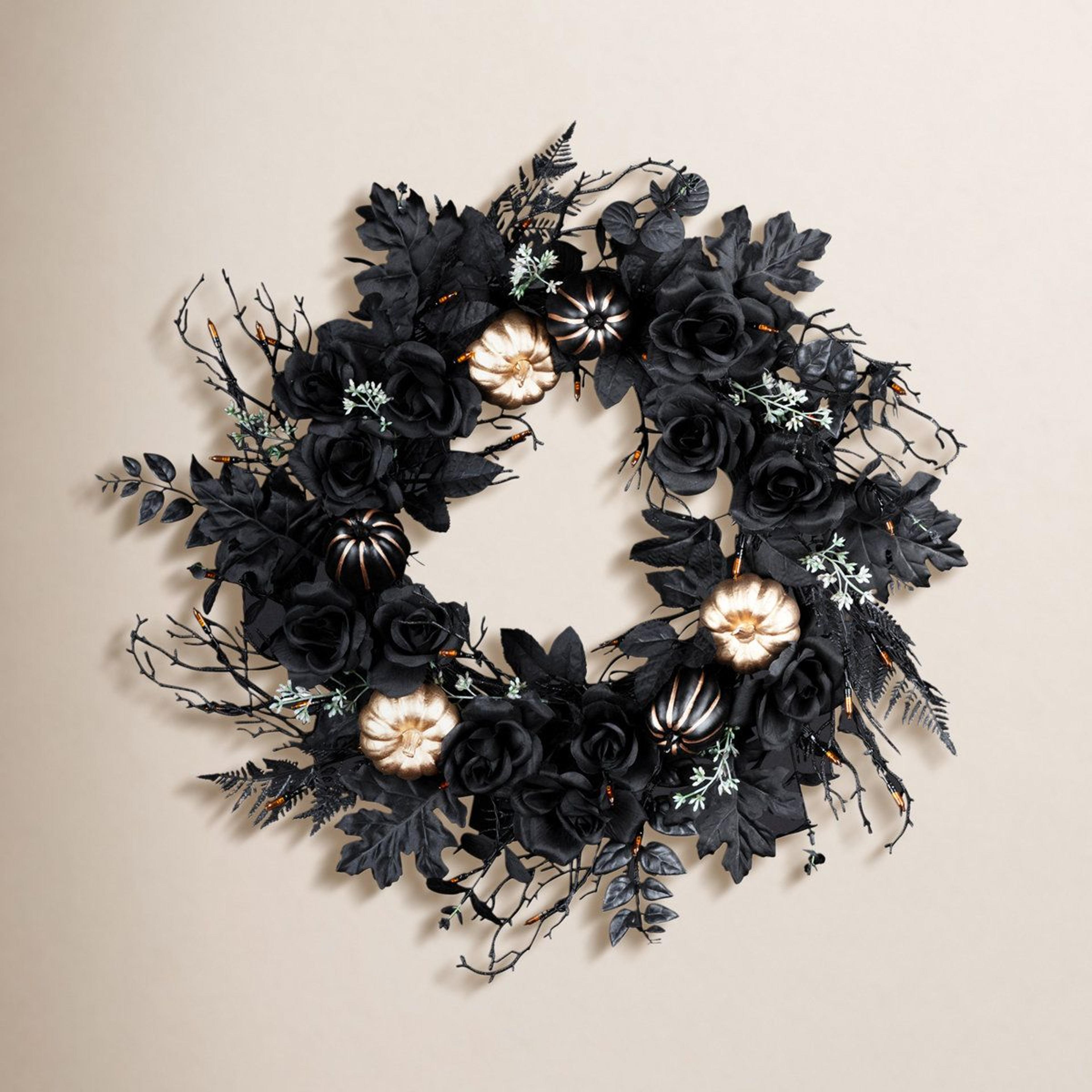 black and gold pre-lit halloween wreath with 40 orange led lights 24 inch