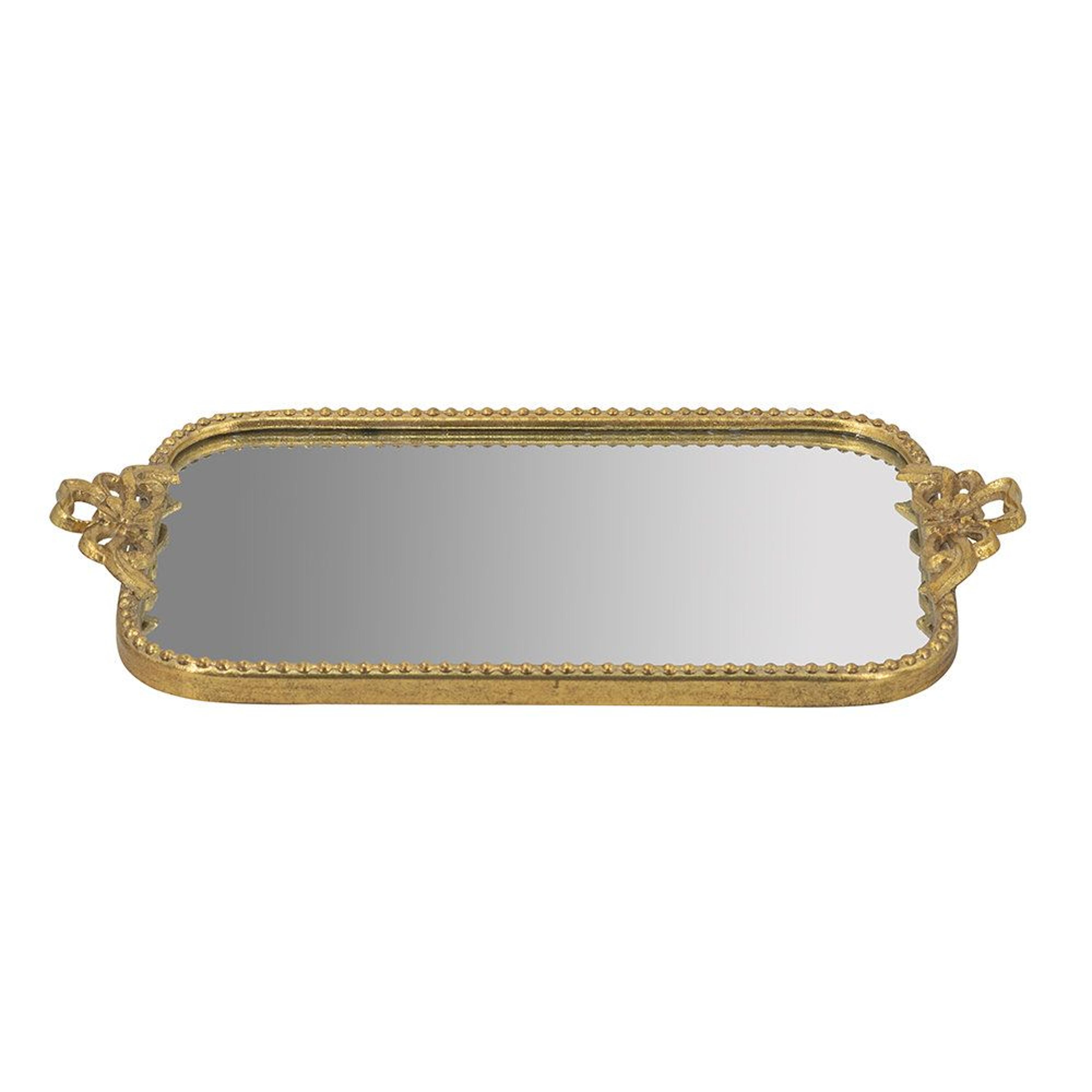 gold iron decorative tray with mirrored base beaded border and bow detail