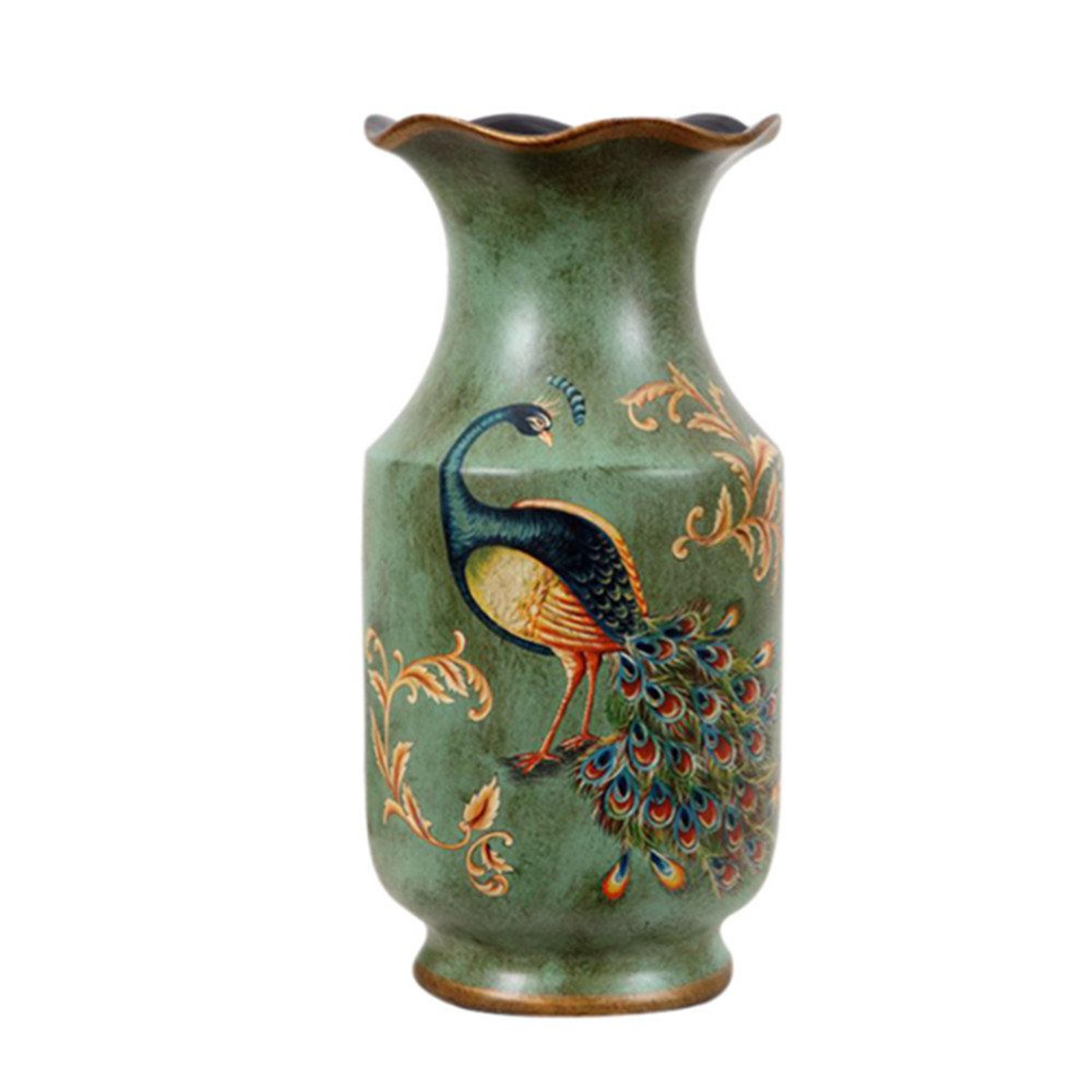 porcelain peacock vase vintage trumpet table vase 13.3 inch green animal decor