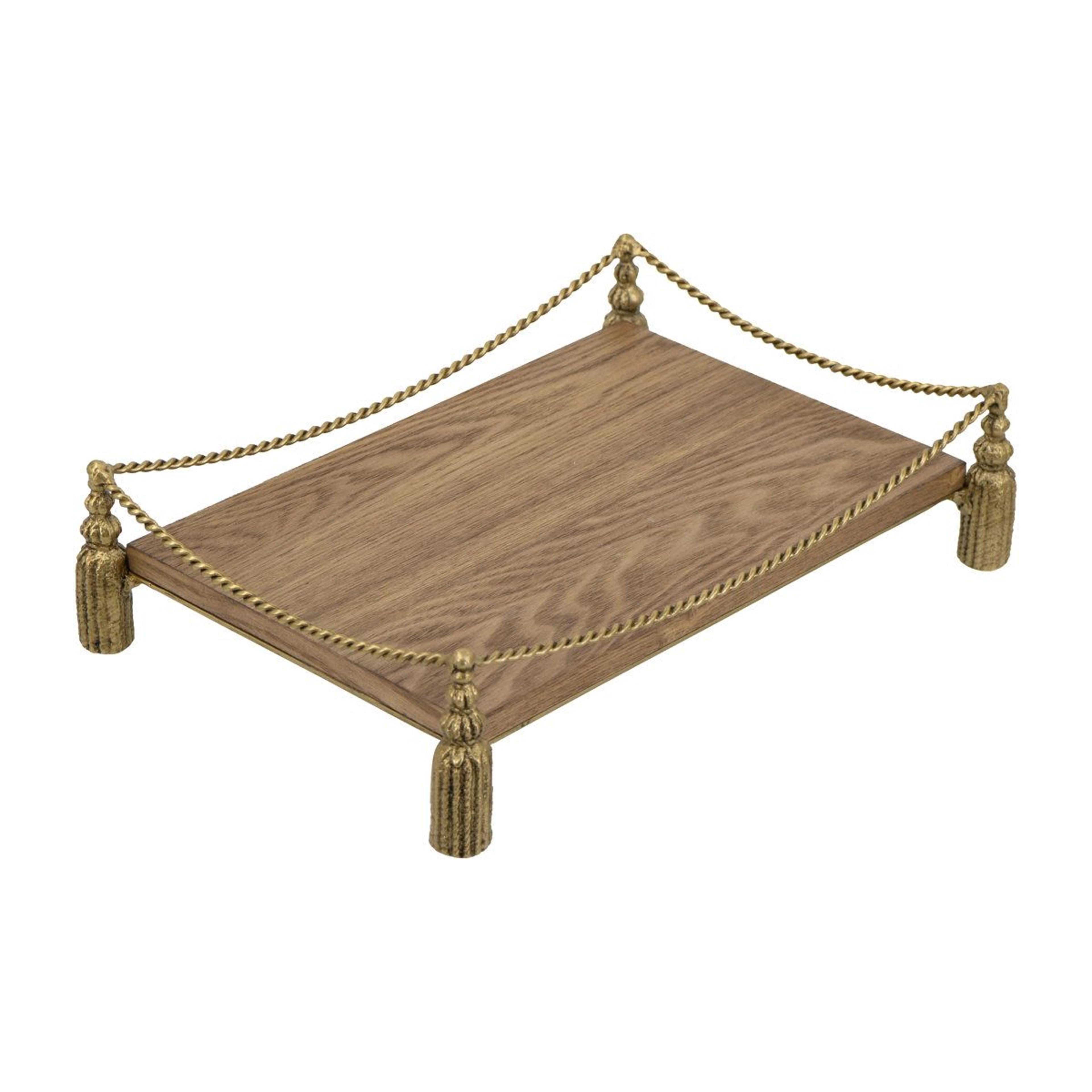 decorative wooden tray with ash veneer finish and gold iron tassel legs