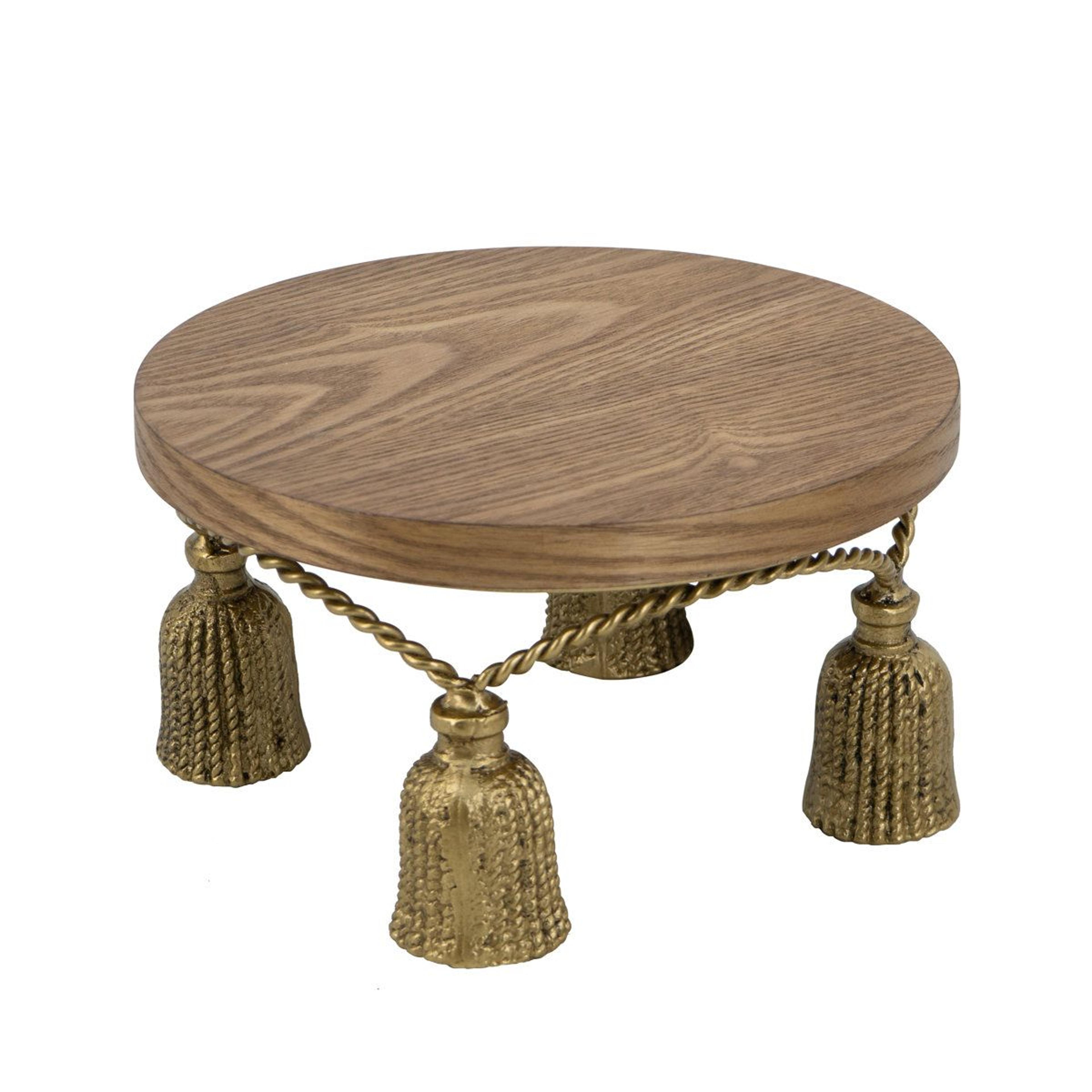 round wooden display riser with ash veneer and antique gold iron legs