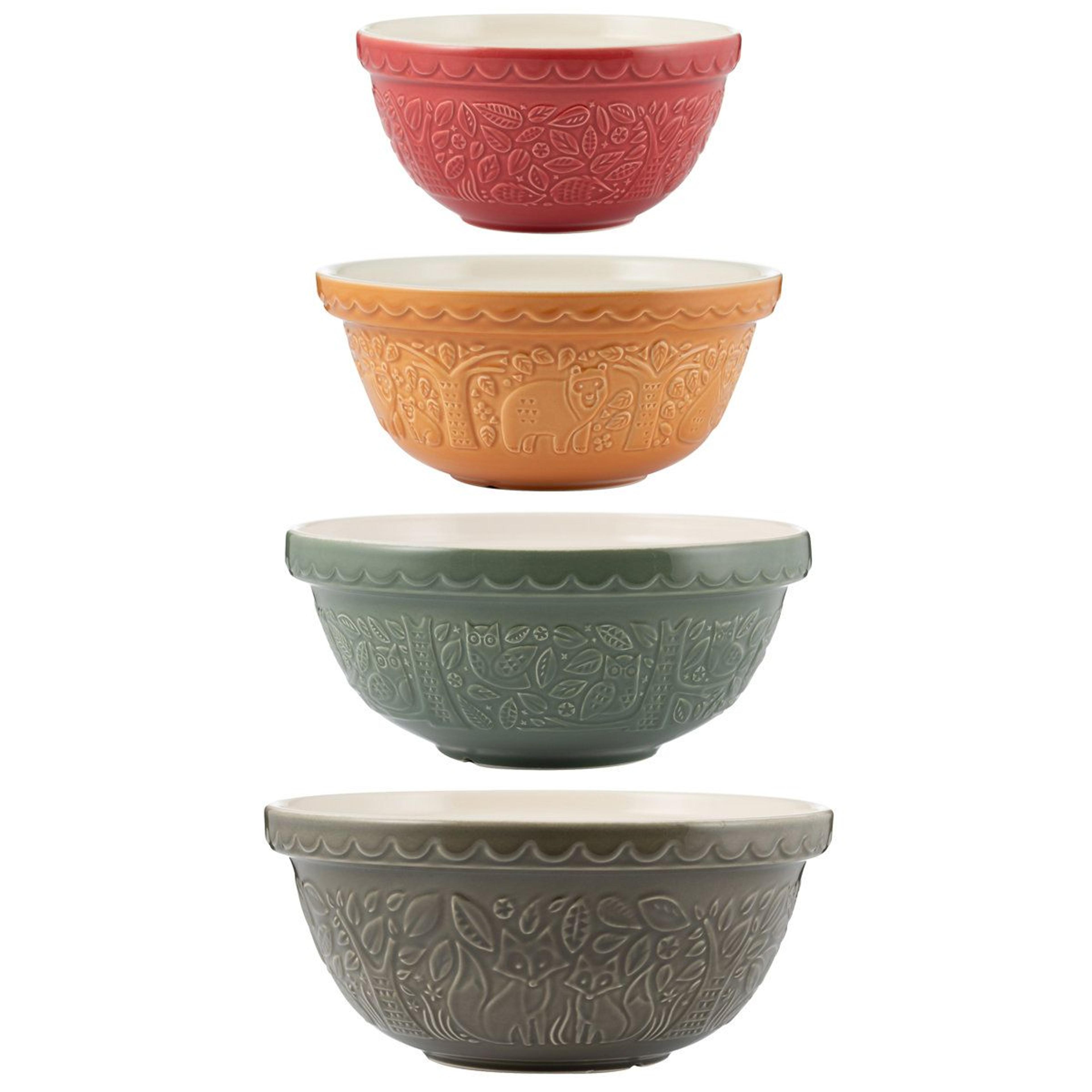 earthenware 4 piece mixing bowl set with owl woodland design