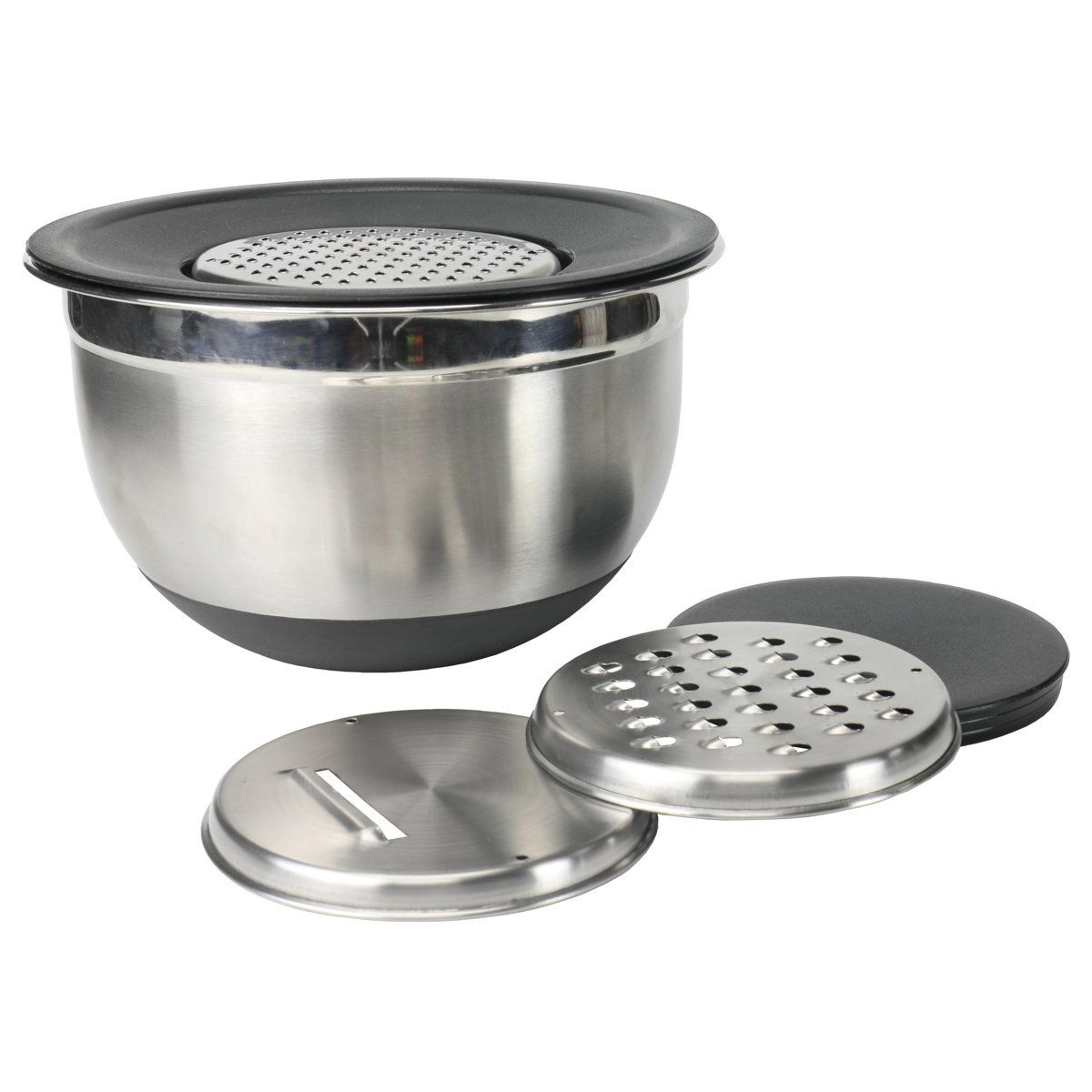 stainless steel mixing bowl with 3 graters non-skid base and storage cover