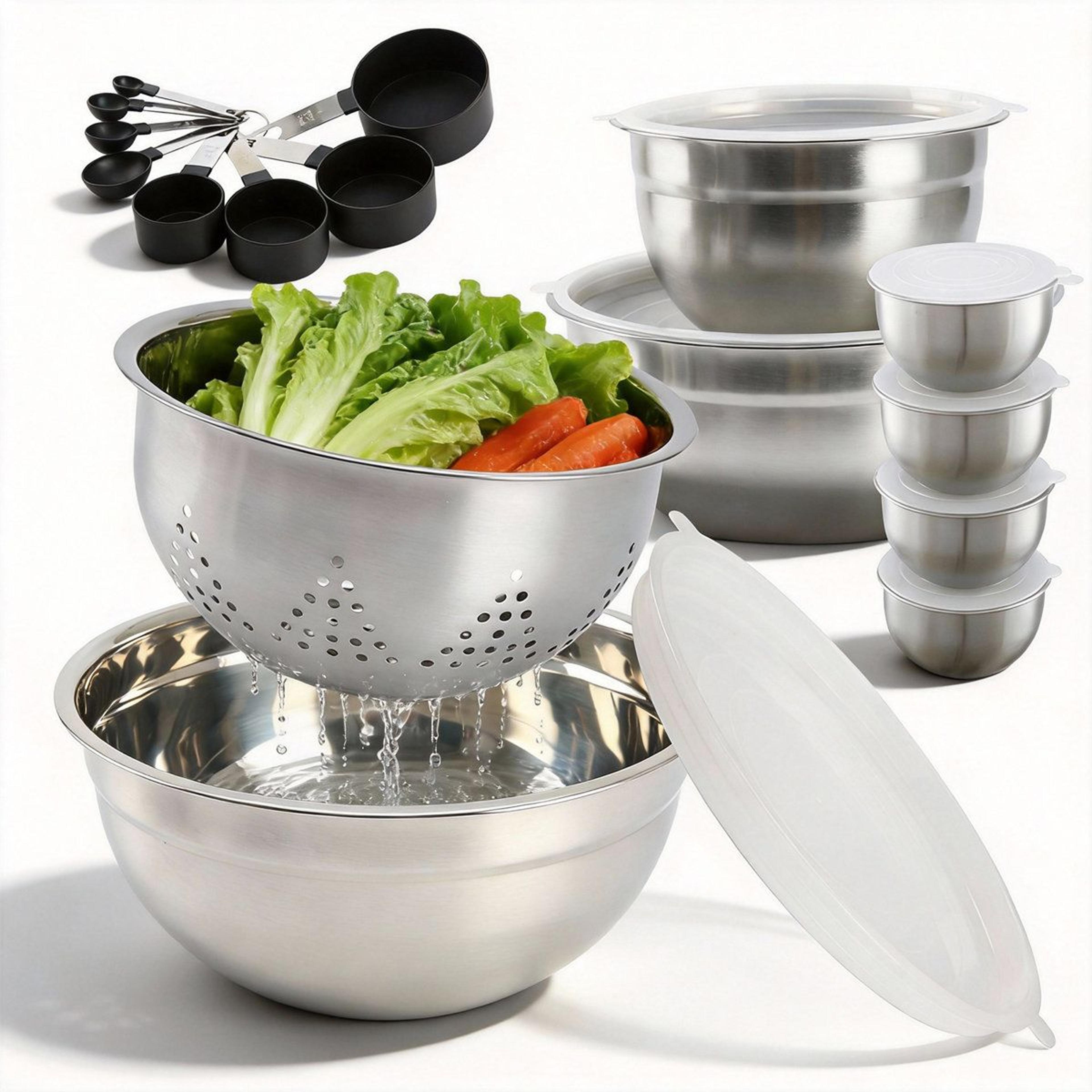 23-piece stainless steel mixing bowl set with lids and nesting design