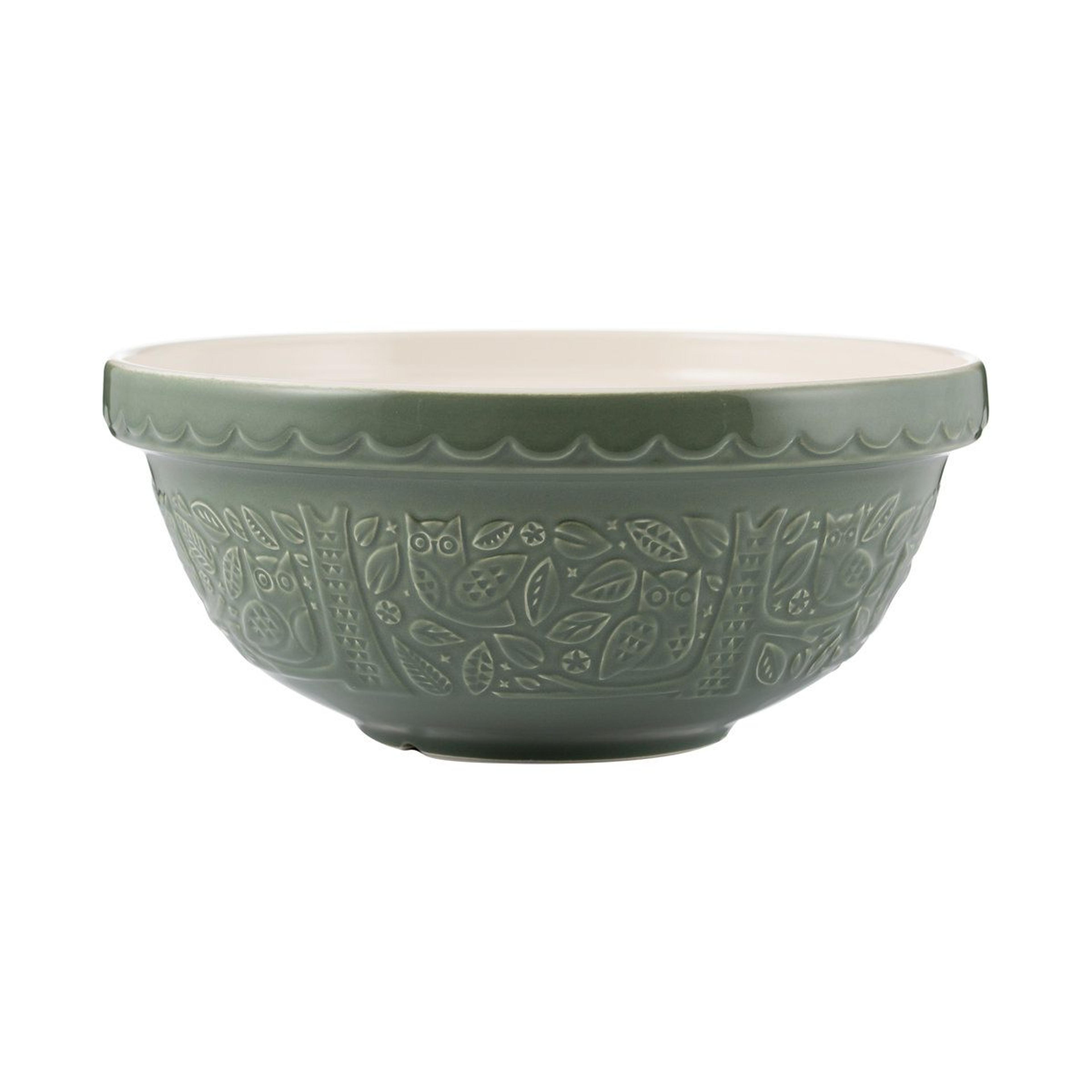 green earthenware owl mixing bowl 2.81 quart woodland embossed design