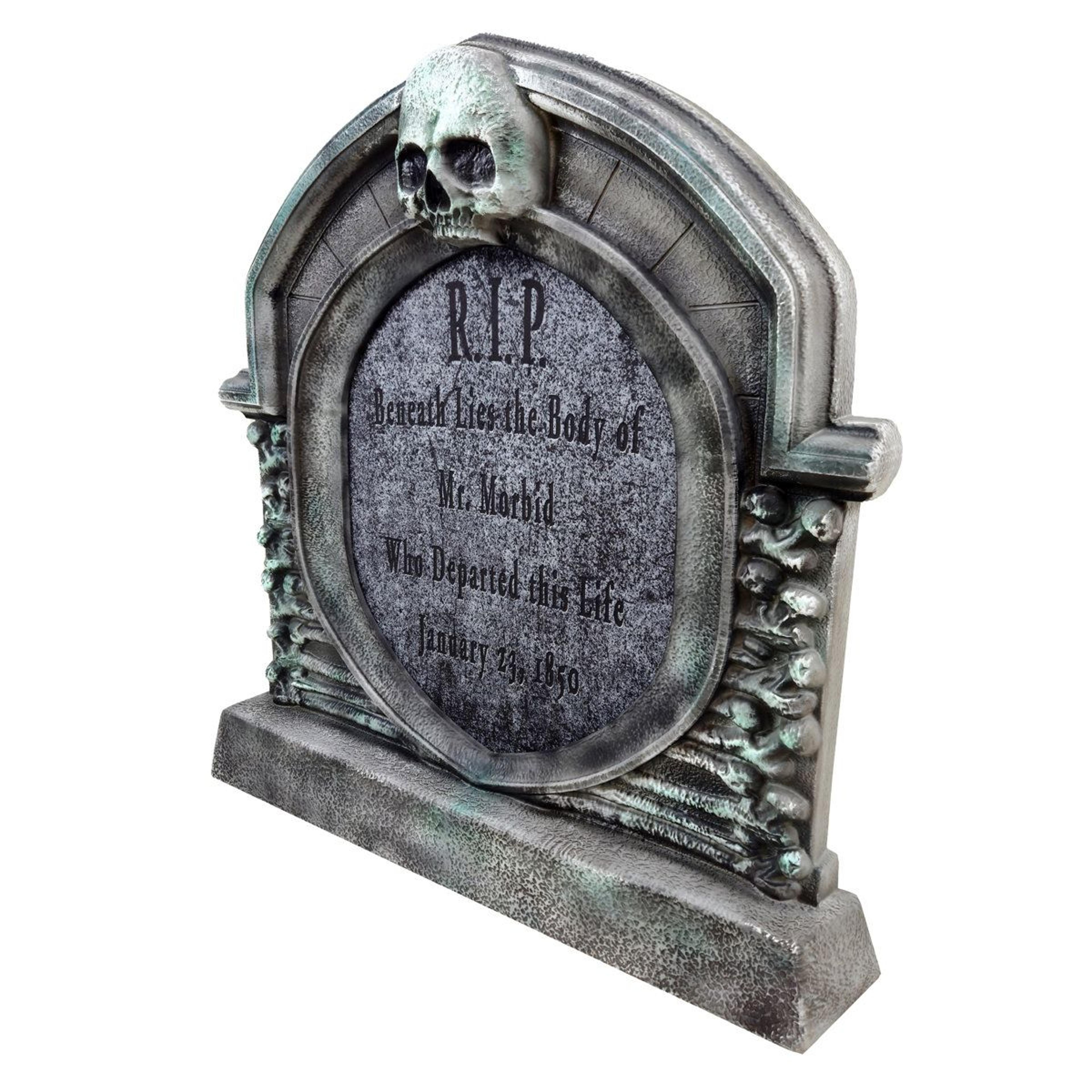 pushout skull tombstone halloween animatronic with motion activation and led lights