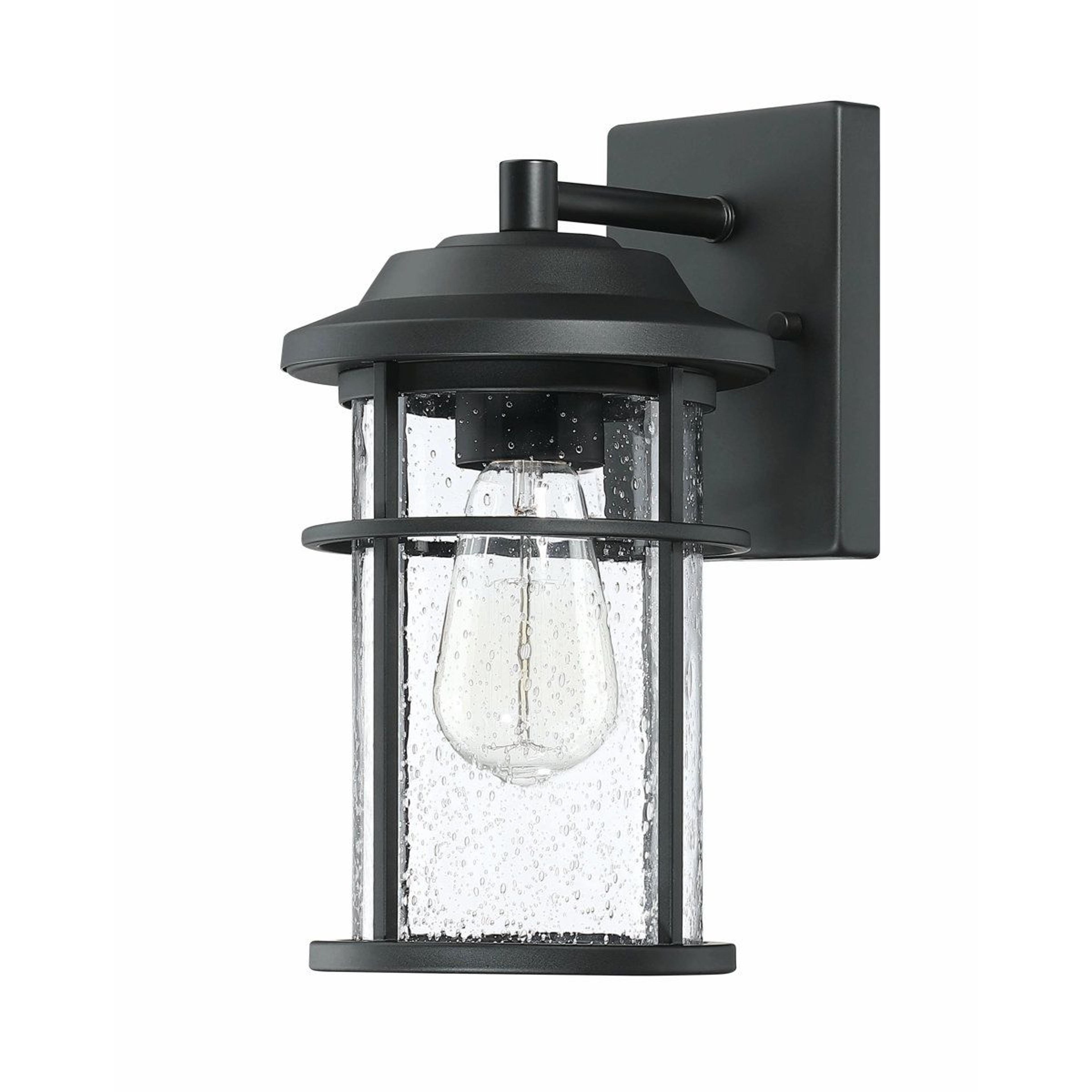outdoor wall lantern with seeded glass and matte black finish