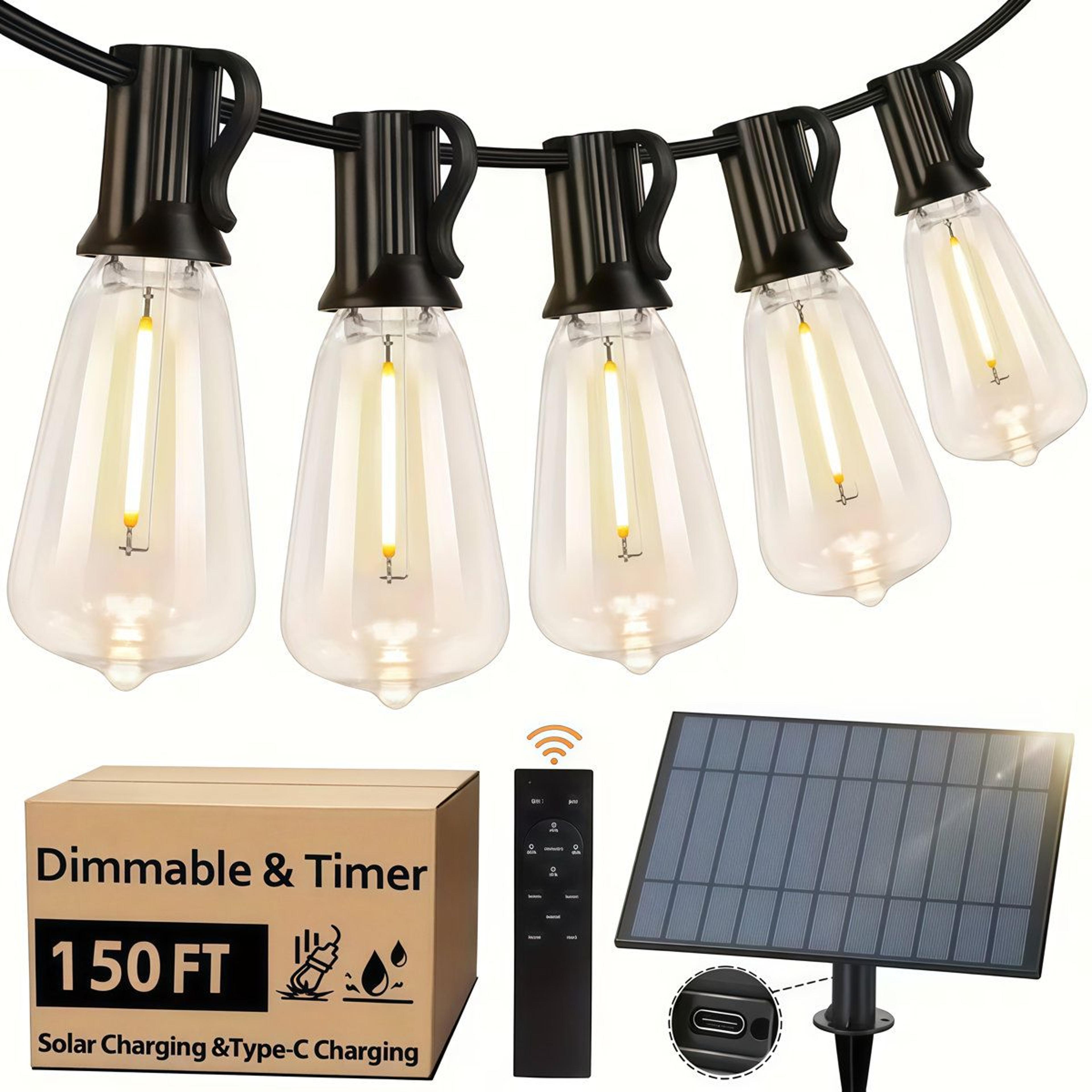 solar string lights 150 ft with remote control and usb-c charging