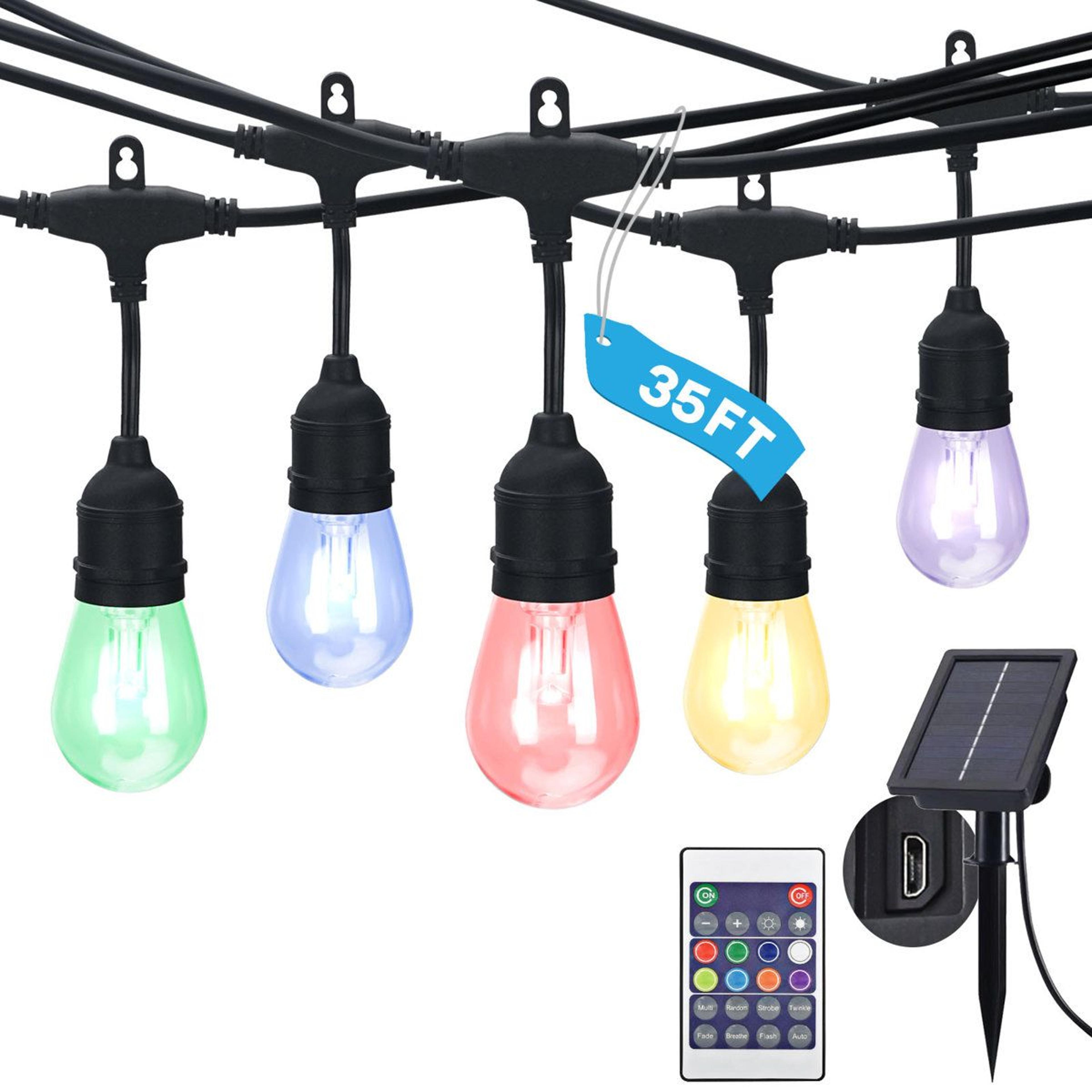 35 ft solar powered led string lights with 15 color changing s14 bulbs