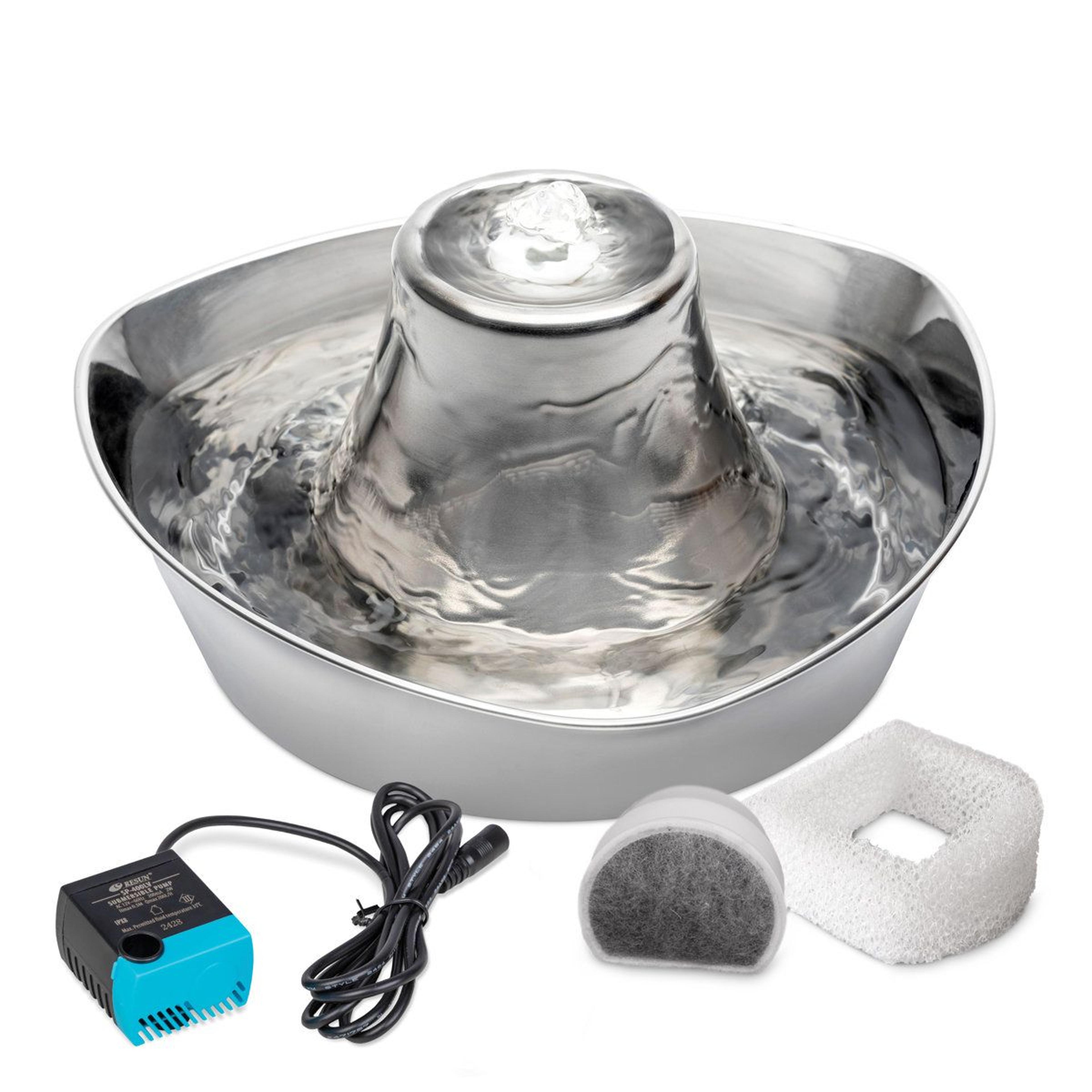 stainless steel pet water fountain with 60 oz capacity and 360 degree drinking access
