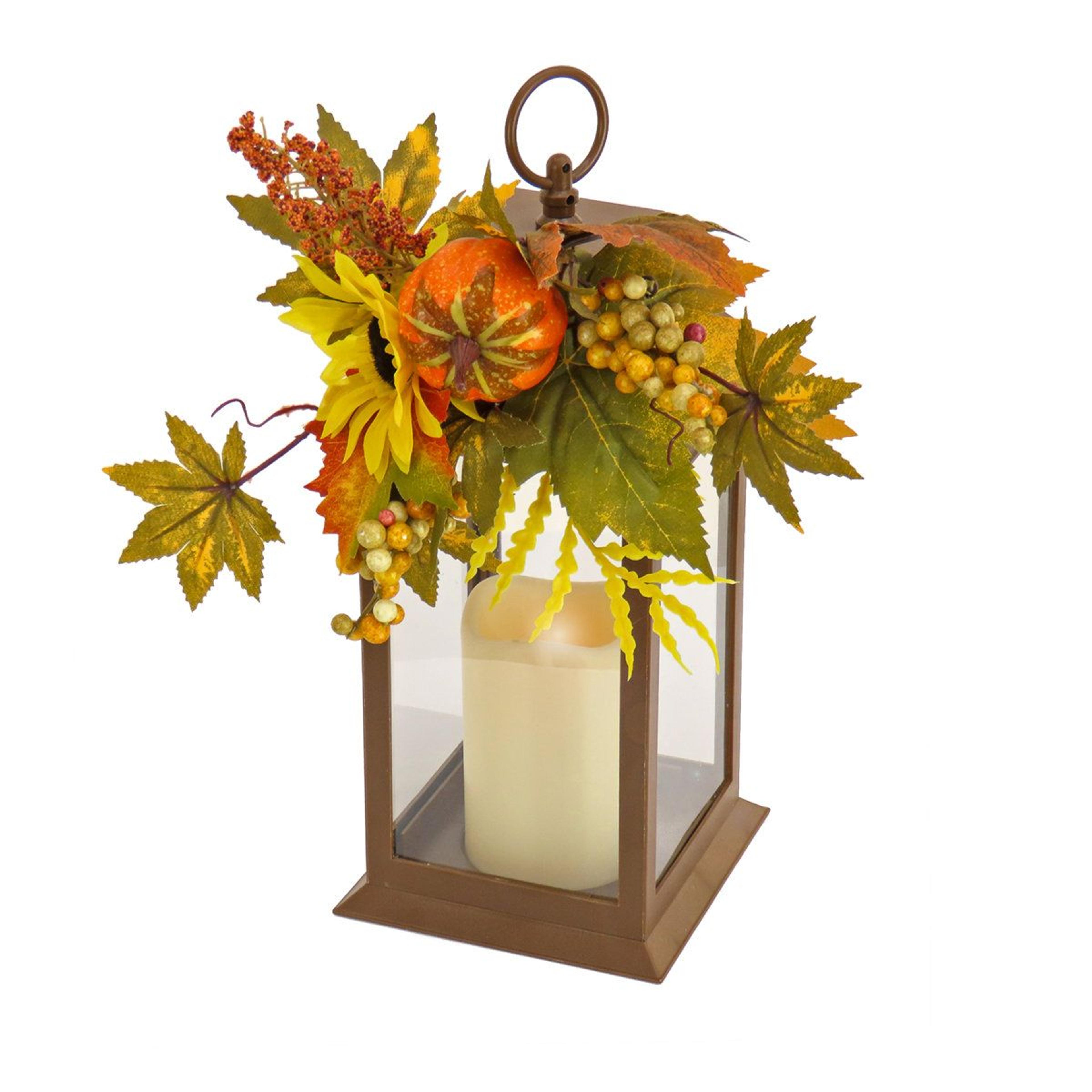 fall harvest lantern with sunflower pumpkin decor and led light