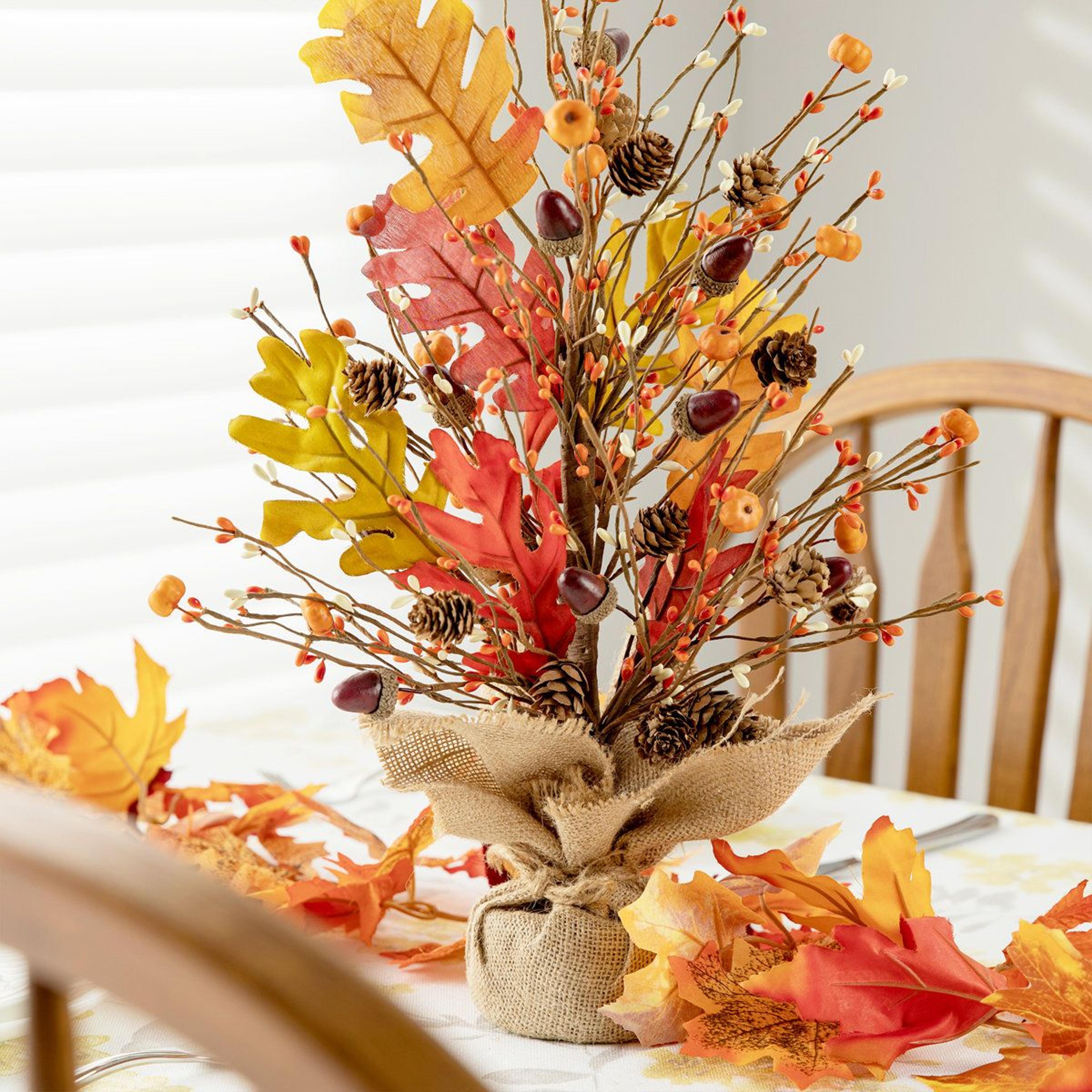 Autumn Tabletop Tree With Pumpkins Berries Pinecones And Maple Leaves 7