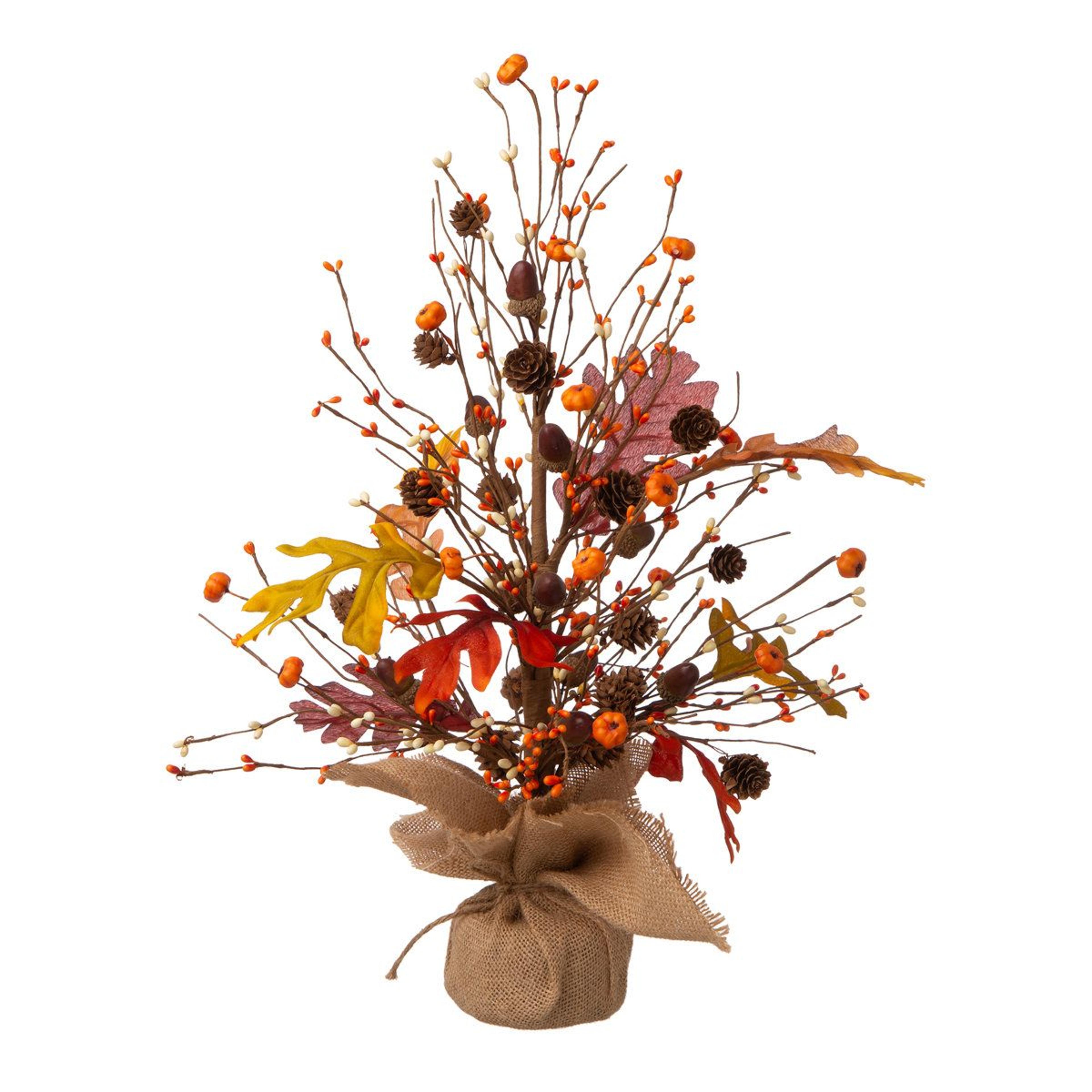 autumn tabletop tree with pumpkins berries pinecones and maple leaves
