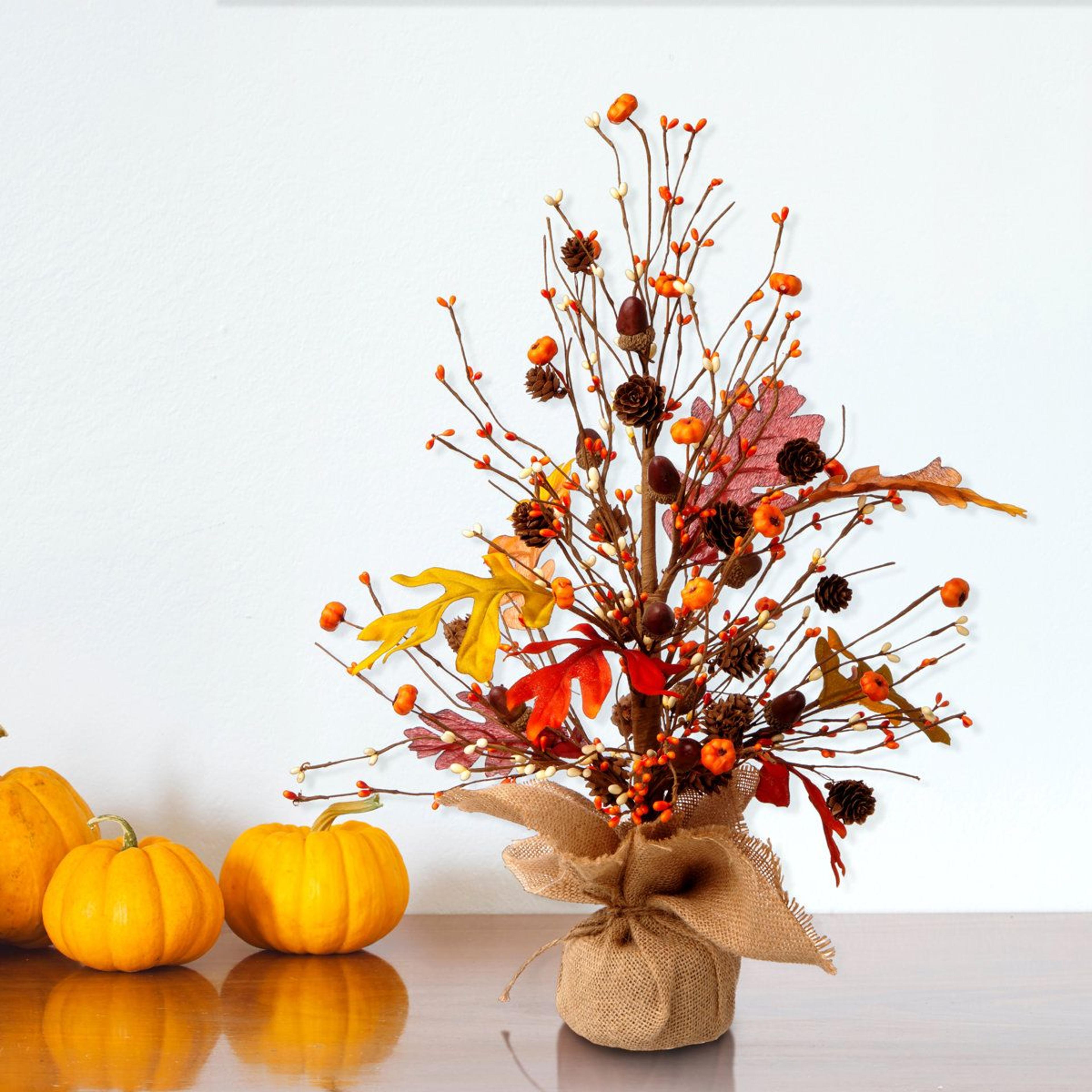 Autumn Tabletop Tree With Pumpkins Berries Pinecones And Maple Leaves 8