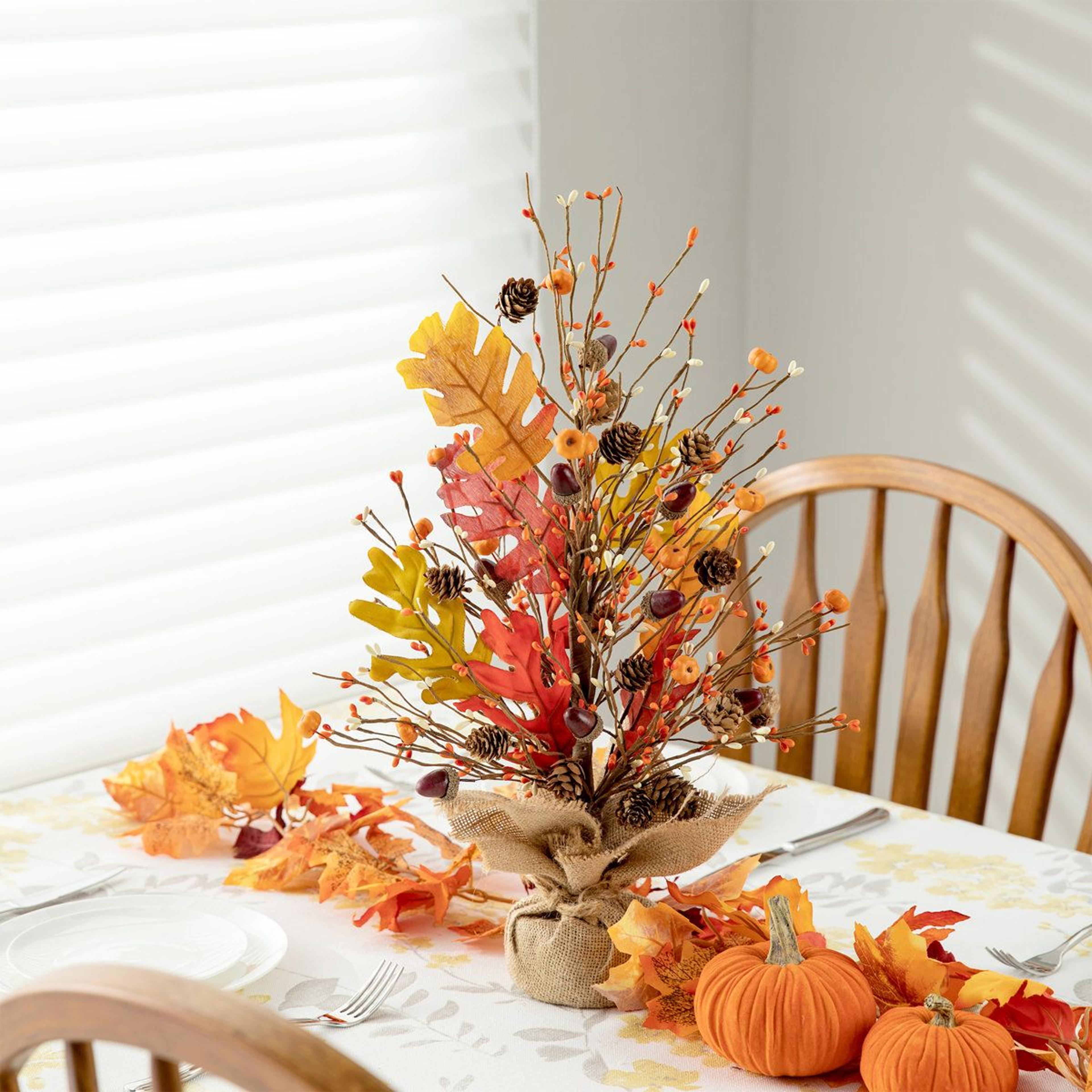 Autumn Tabletop Tree With Pumpkins Berries Pinecones And Maple Leaves 6