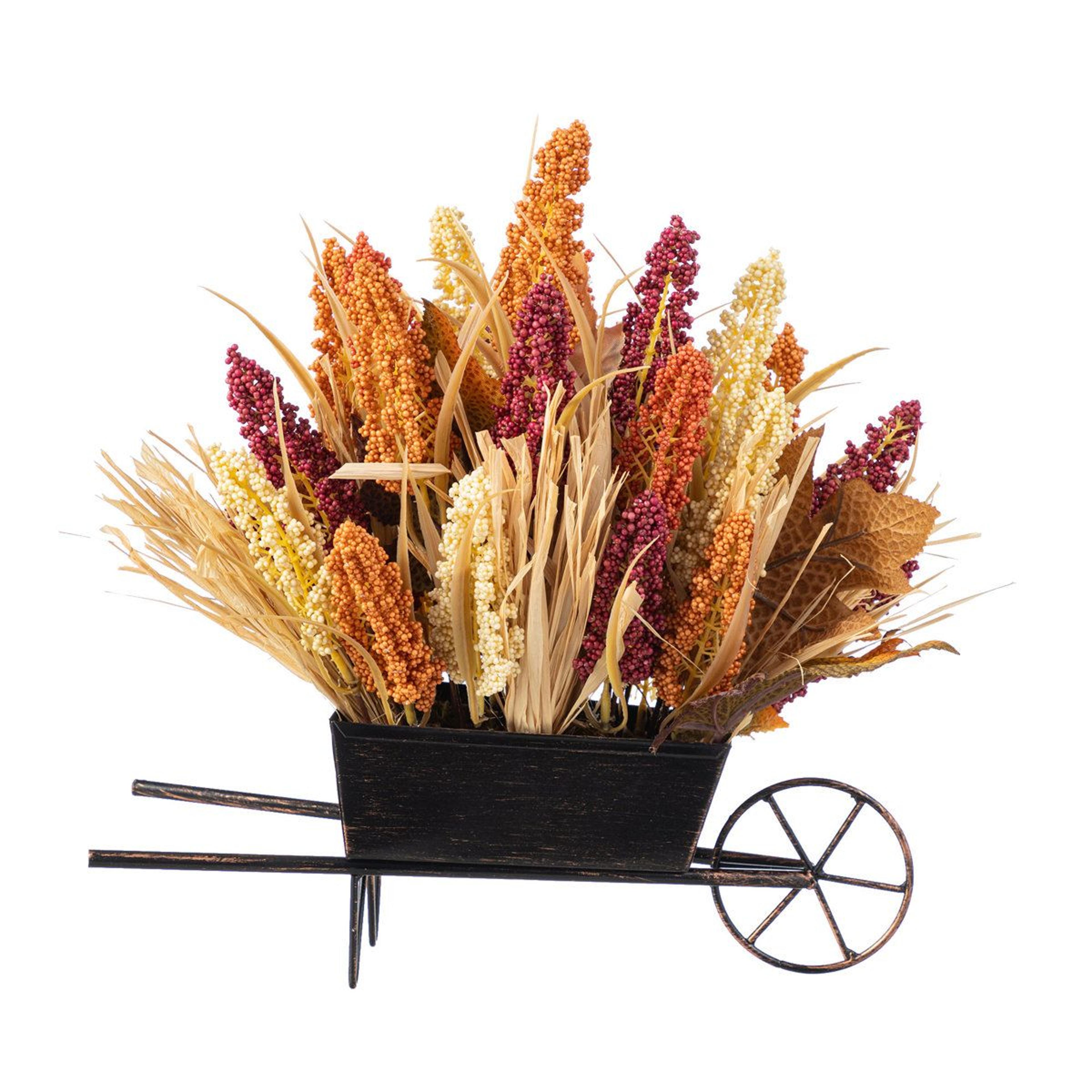 15 inch fall sorghum cart centerpiece with multi-colored harvest display