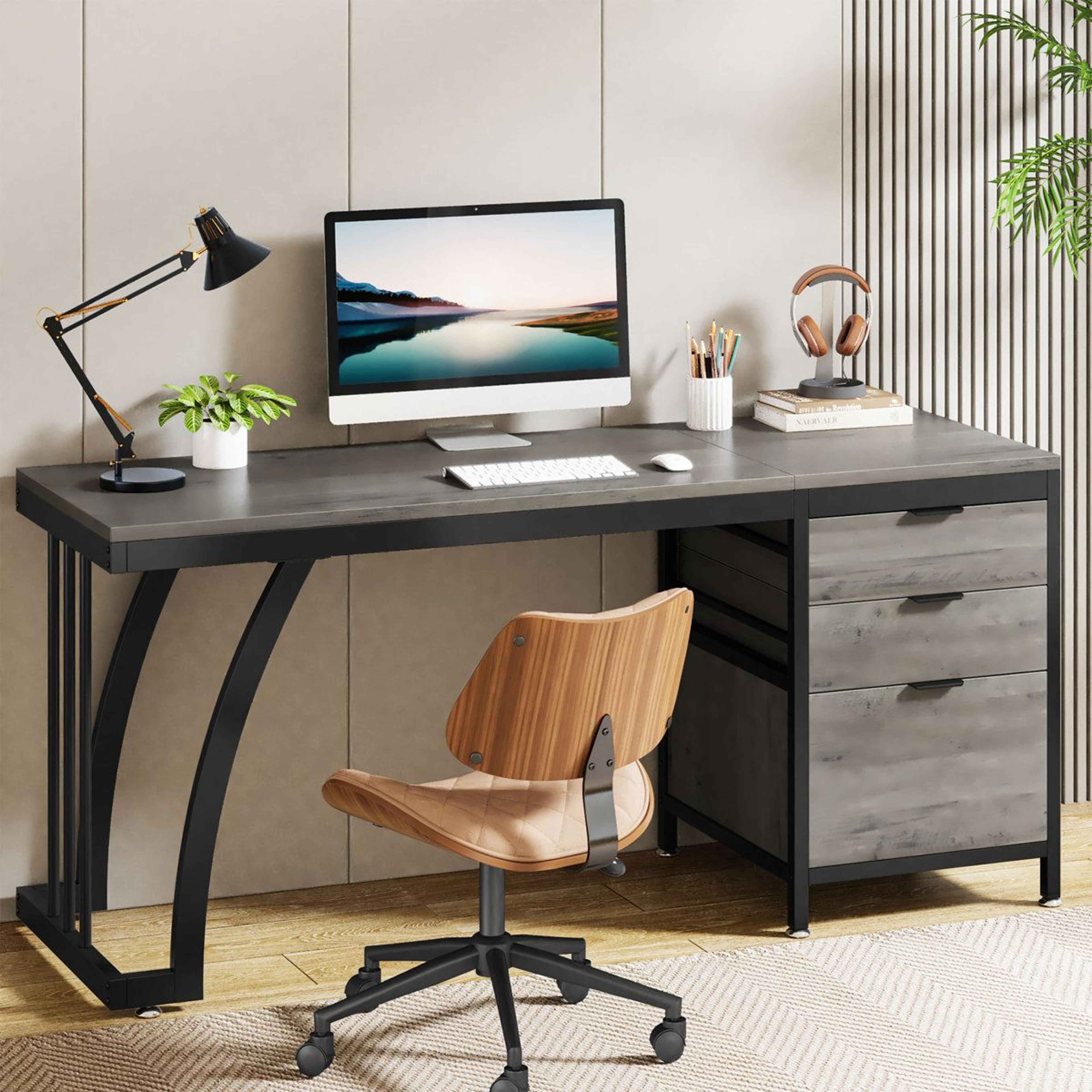 59 inch computer desk with 3 drawers and reversible storage cabinet