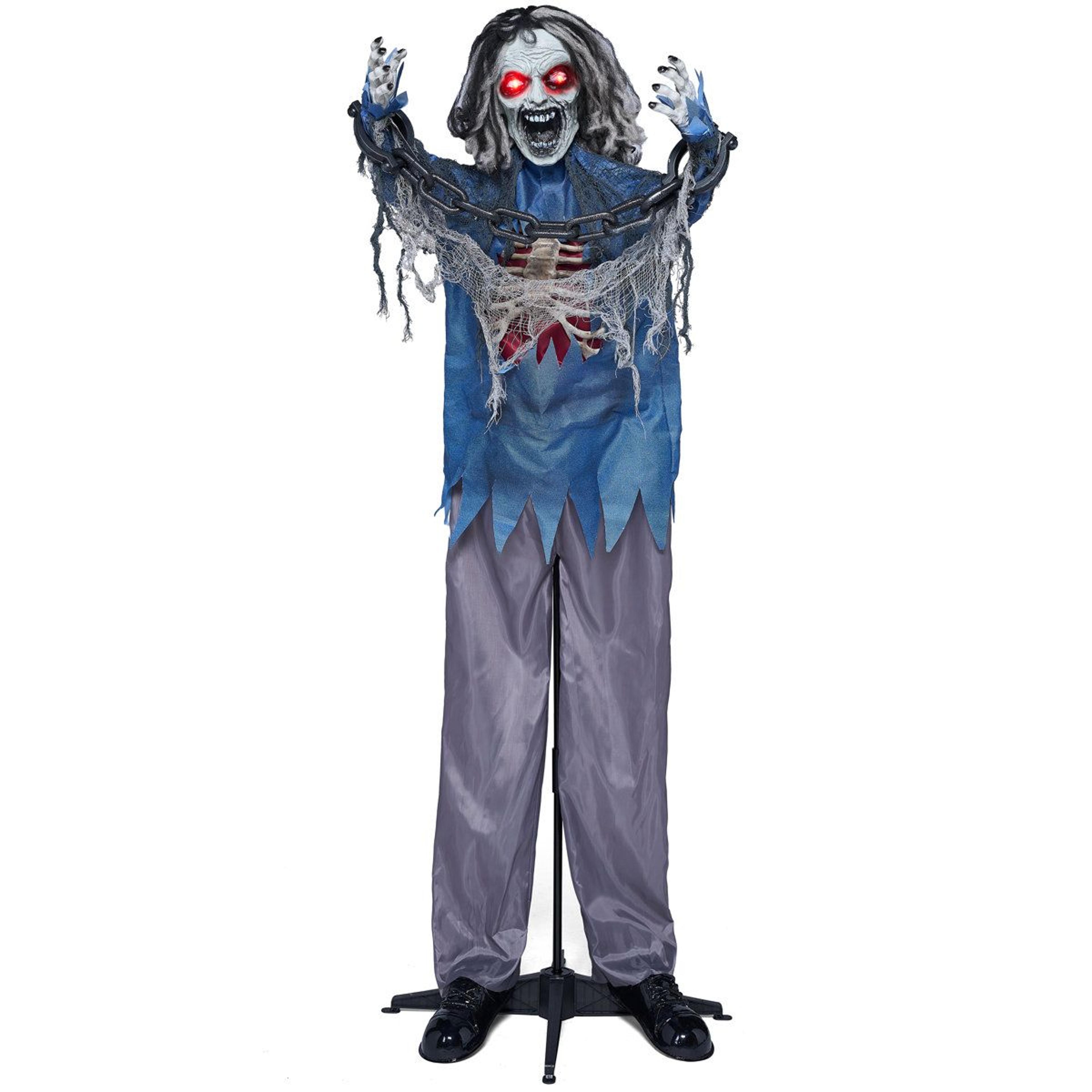 70 inch animated standing zombie halloween decoration with light up eyes and sounds