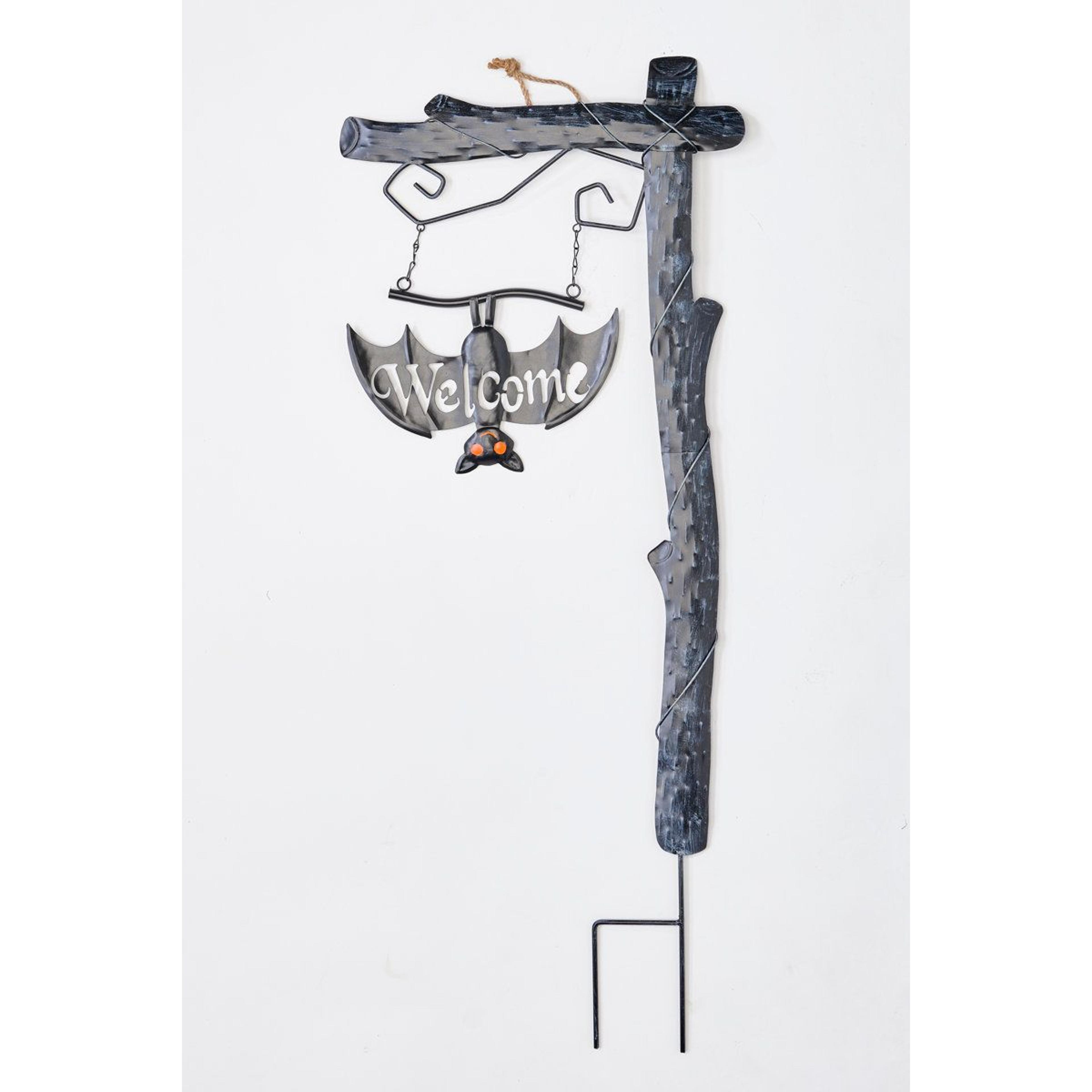 37 inch metal halloween welcome sign garden stake with hanging bat