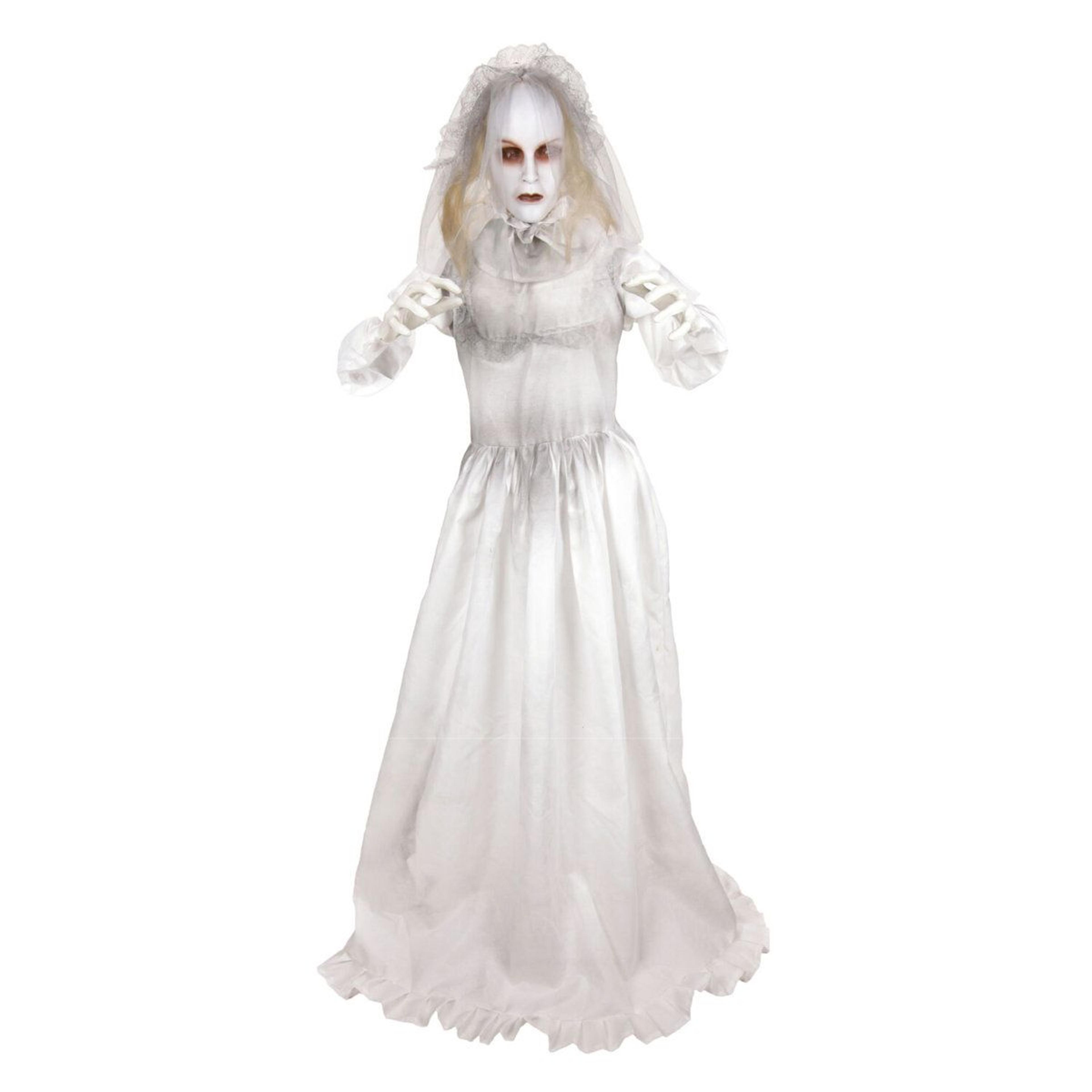 5.5 ft standing double face bride halloween animatronic with turning head and red led eyes