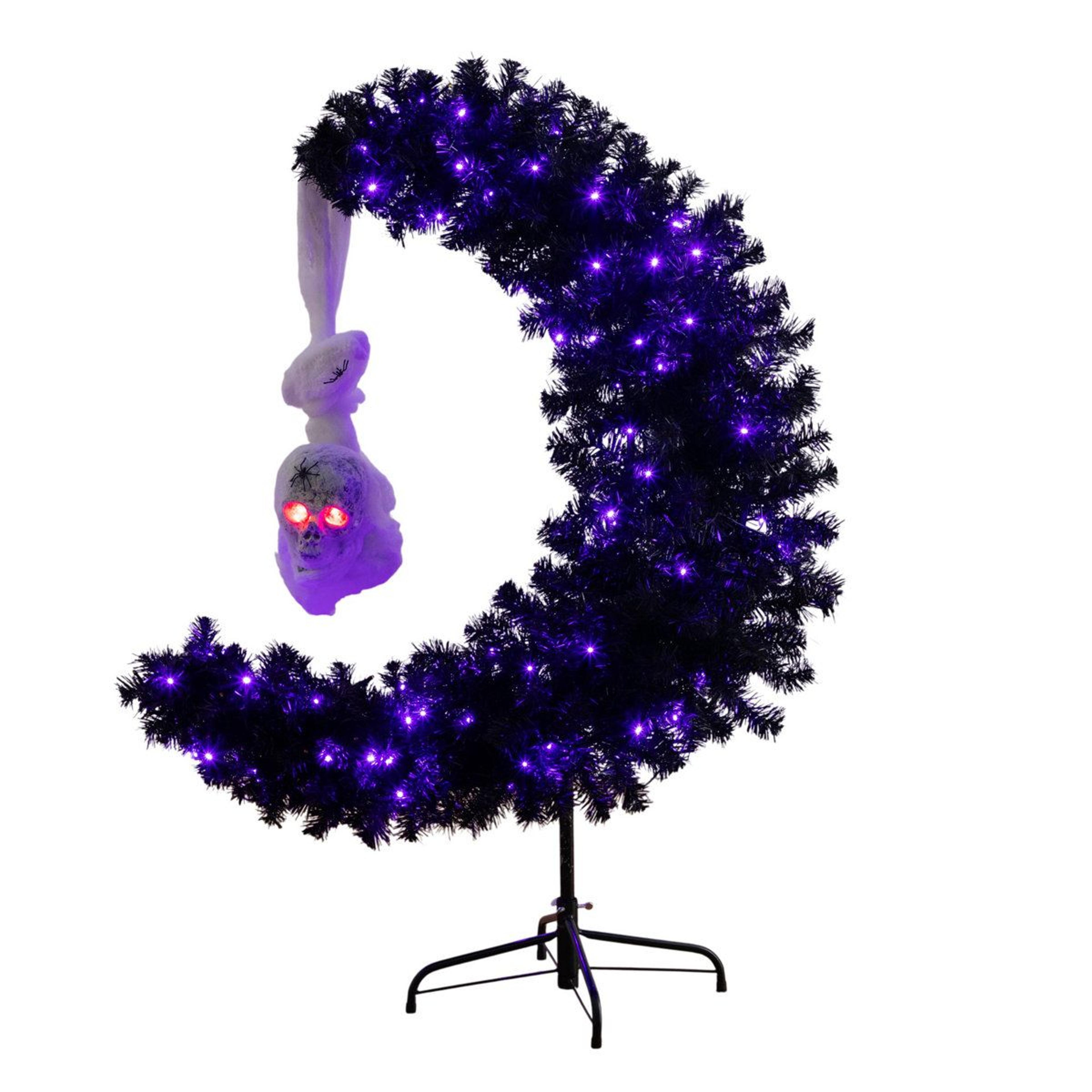 pre lit artificial halloween black moon and skull tree with 250 orange and purple led lights 4 ft