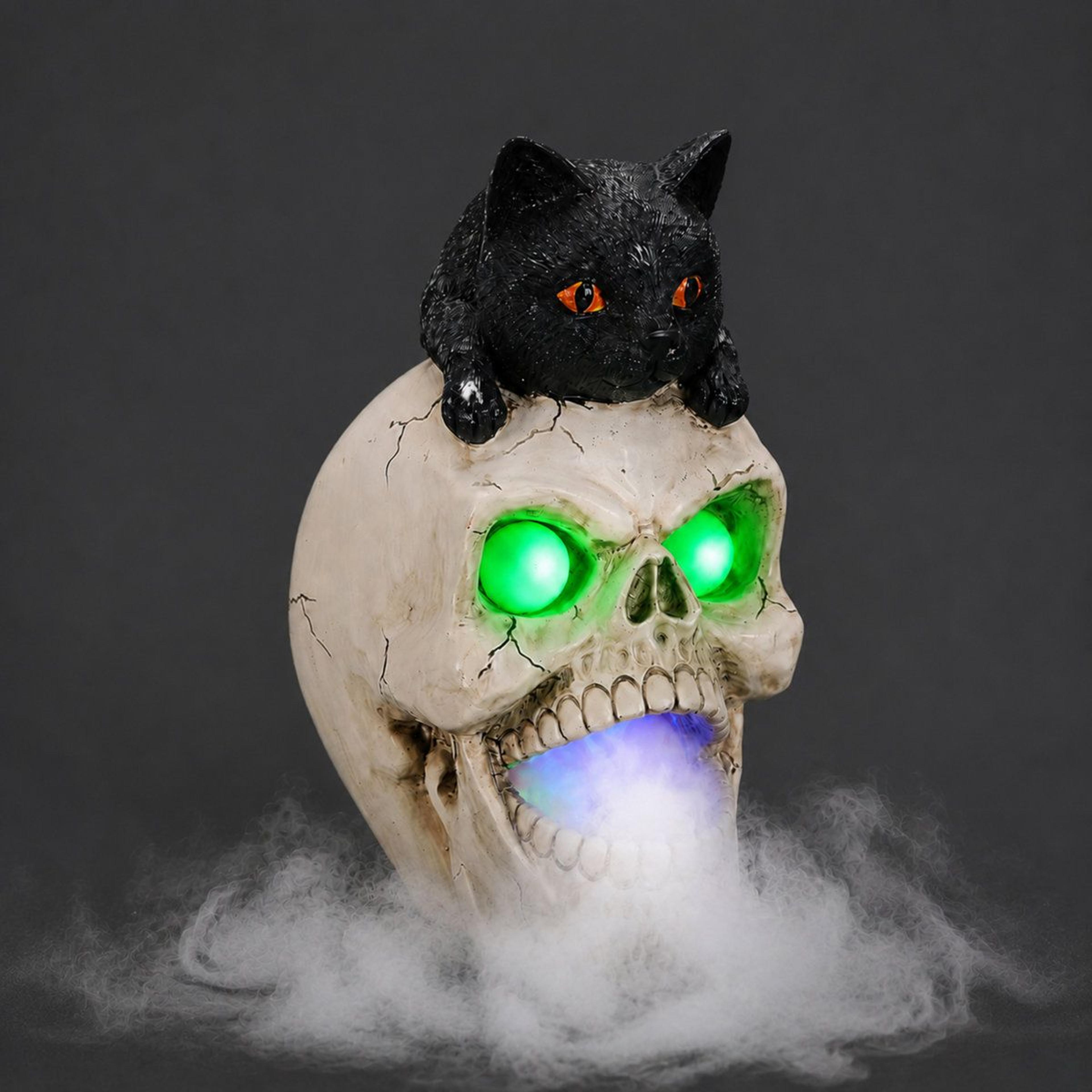 lighted resin halloween skull and cat tabletop accent with led eyes and fog maker