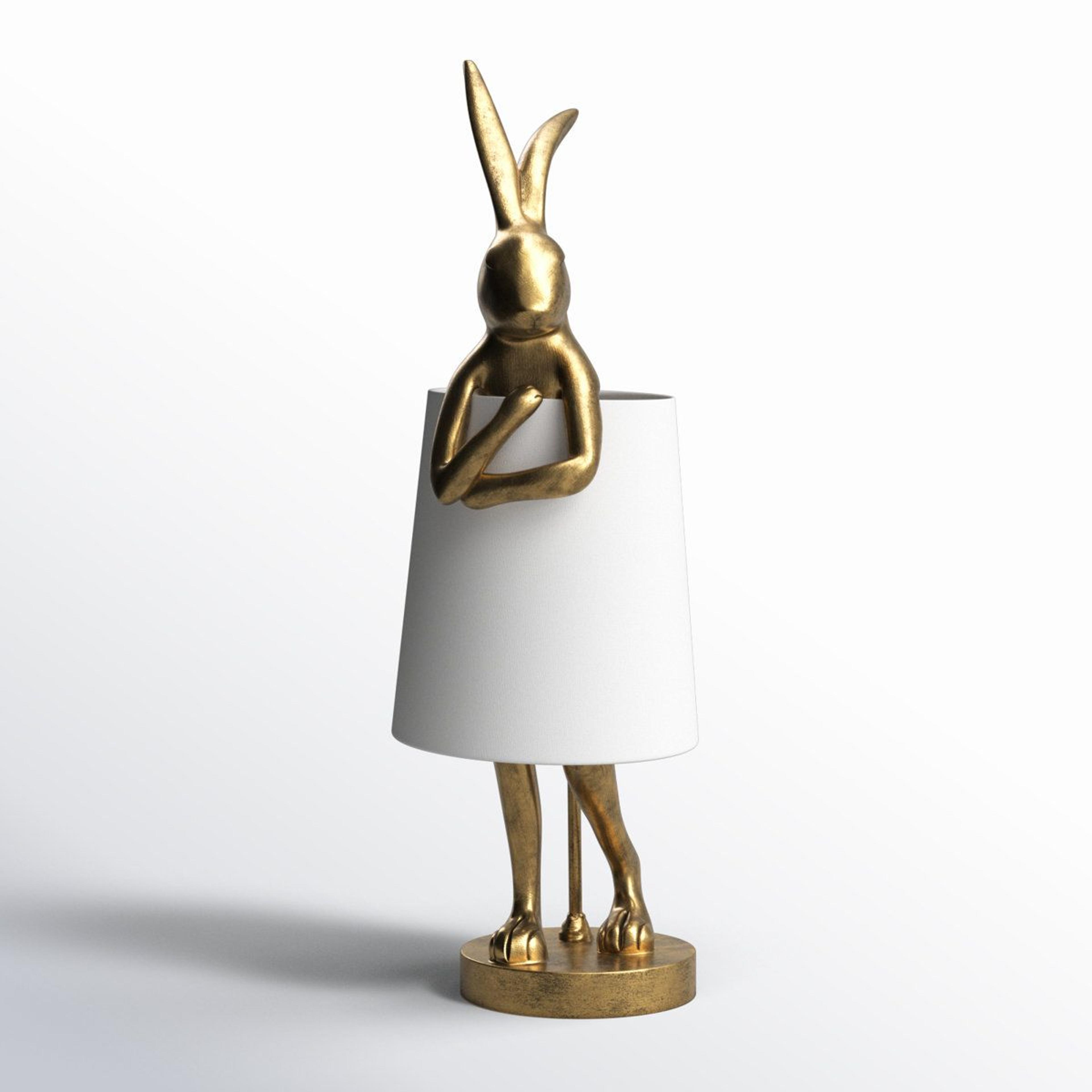 sculptural rabbit table lamp with white linen shade antiqued gold animal accent light 26.5 inch