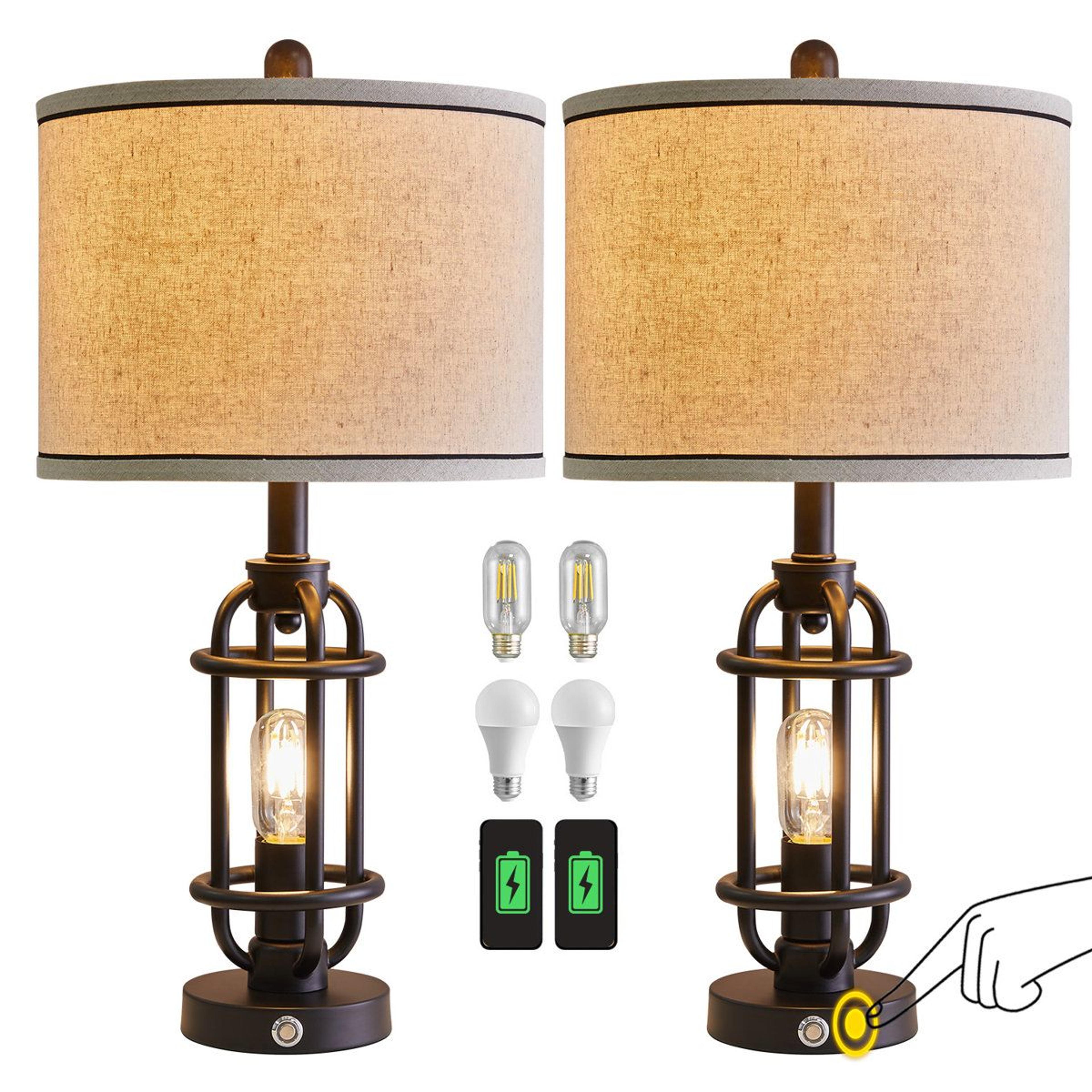 metal touch table lamp set of 2 with usb ports and linen shades 23.75 inch
