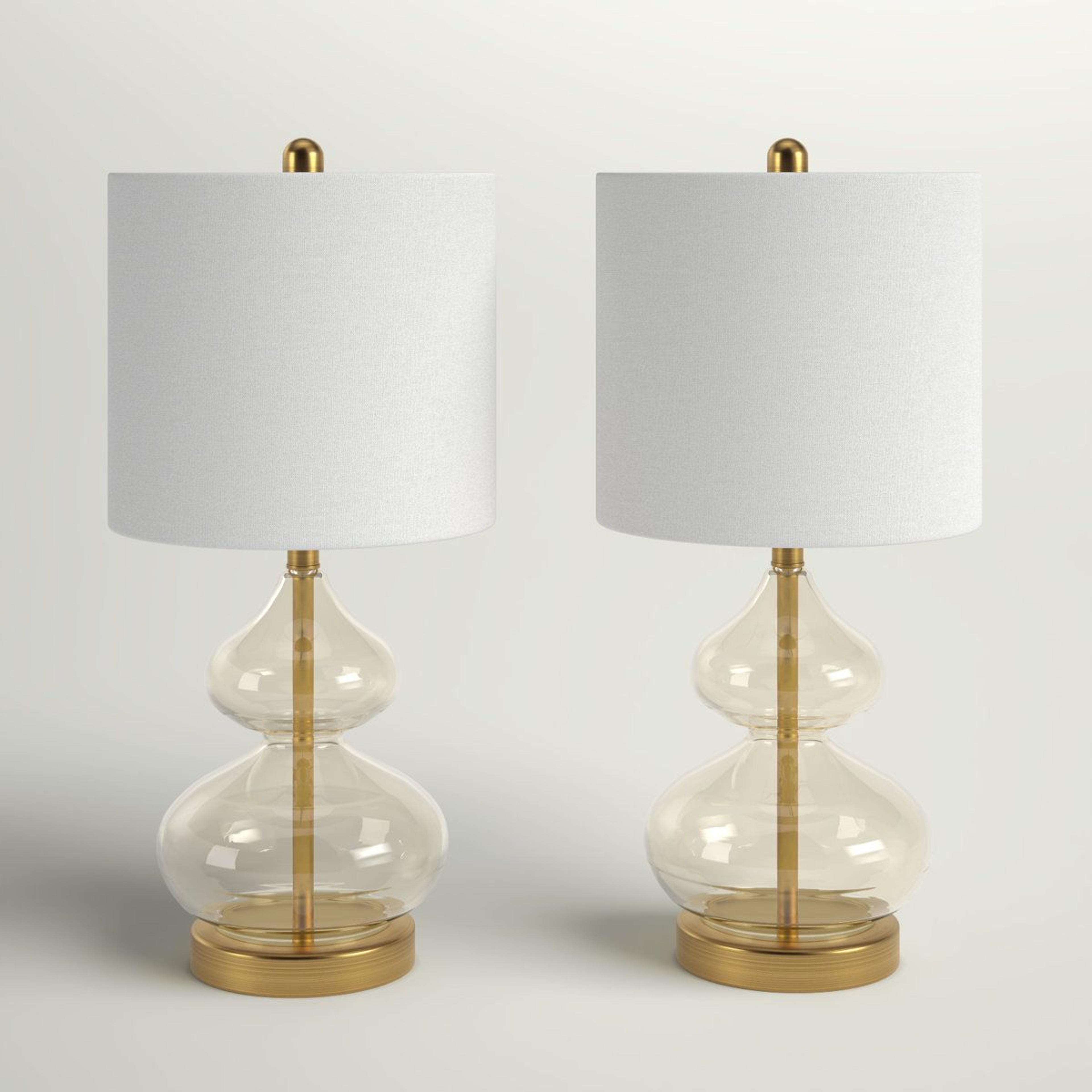 curved glass table lamp set of 2 with white drum shades and led bulbs