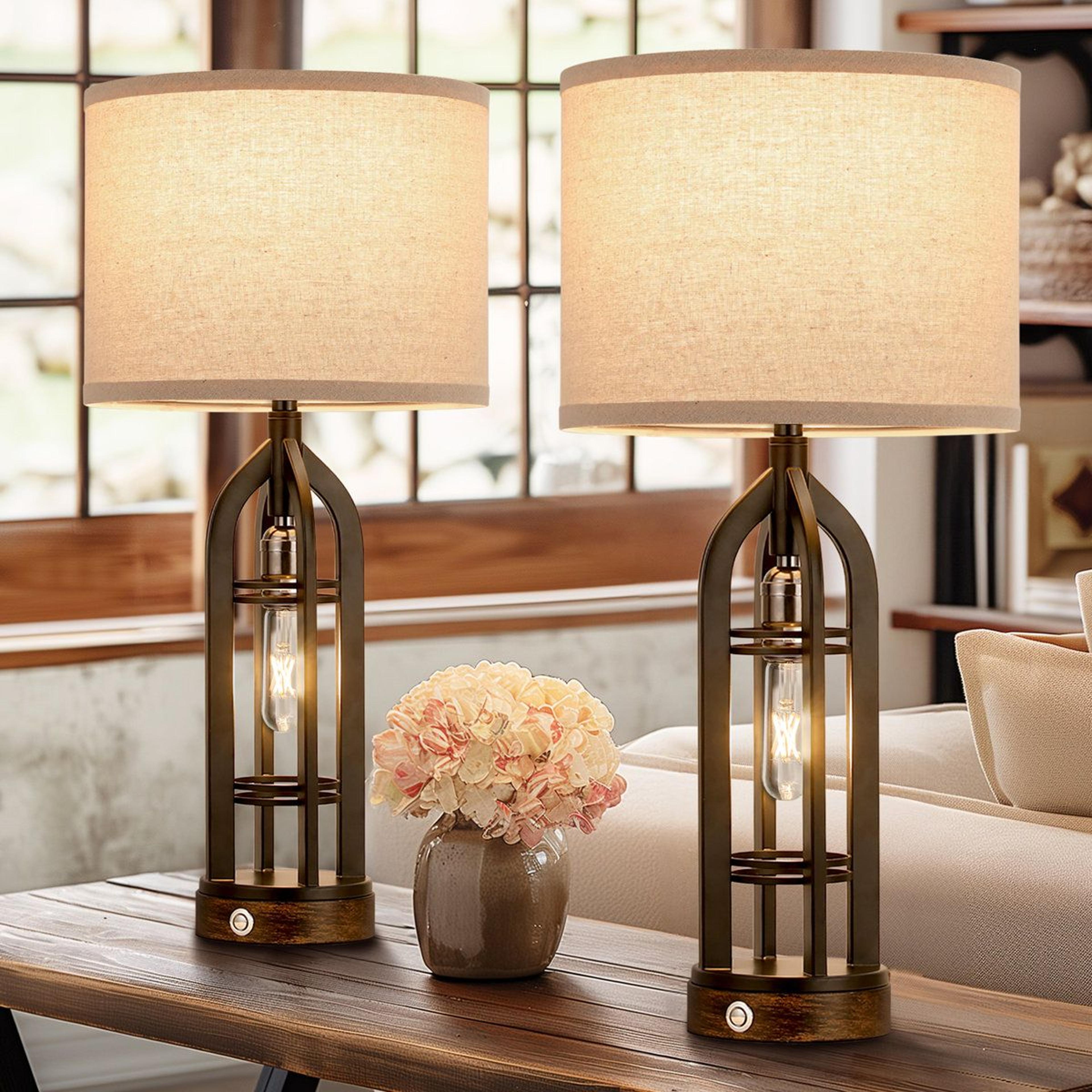 farmhouse table lamp set of 2 with dual lights usb ac ports and beige linen drum shade 25 inch