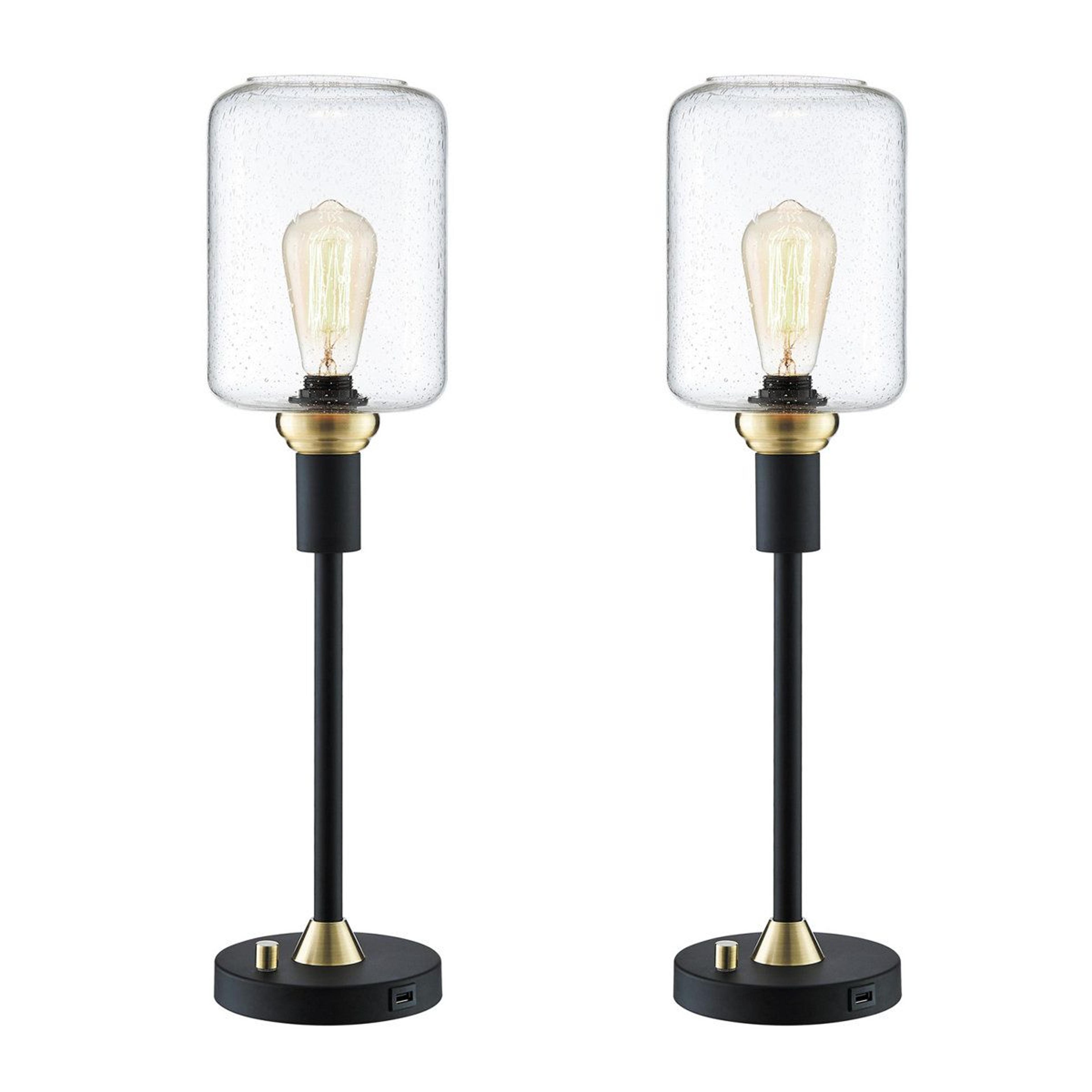 metal usb torchiere table lamp set with seeded glass shades 2 pack