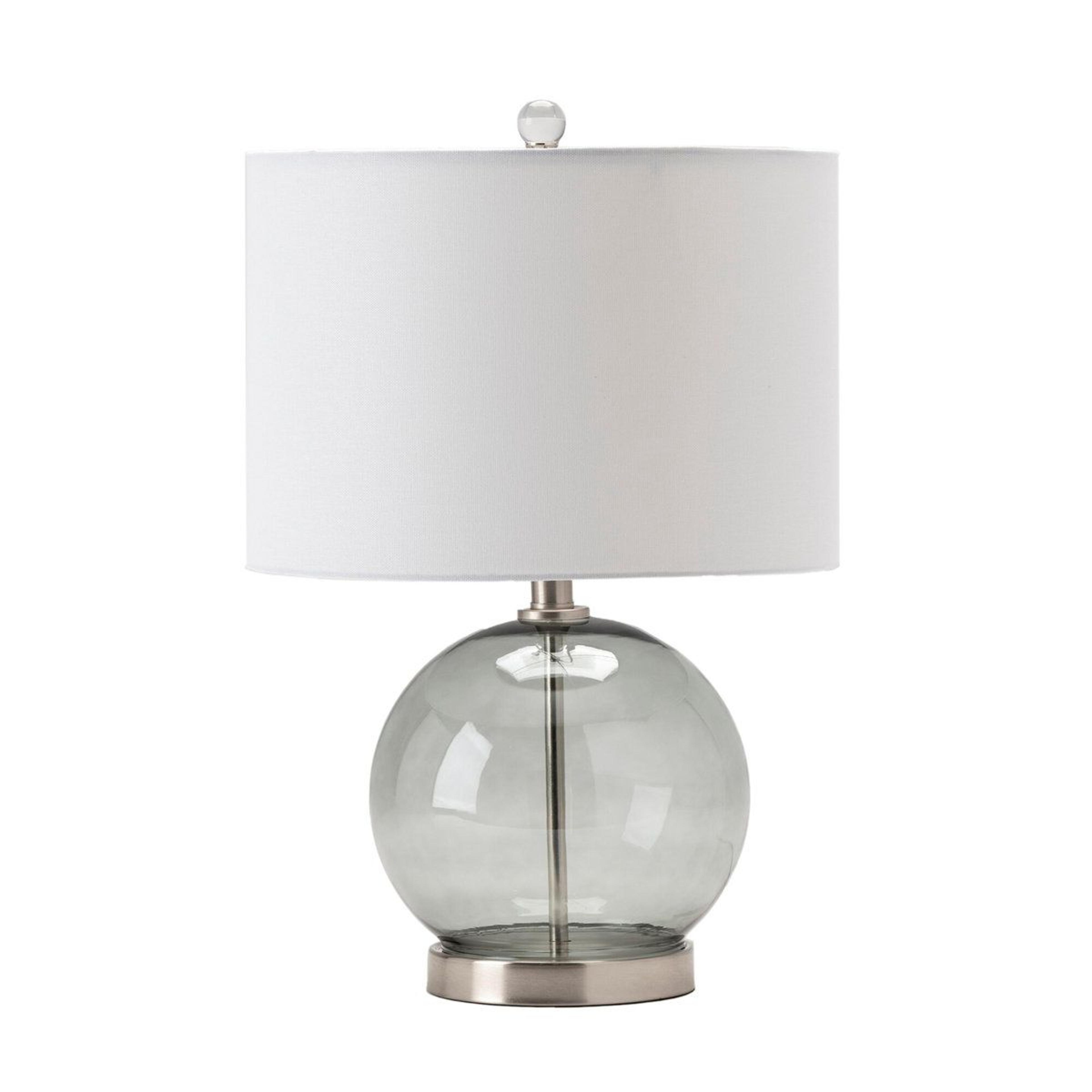 glass and metal sphere table lamp with linen drum shade