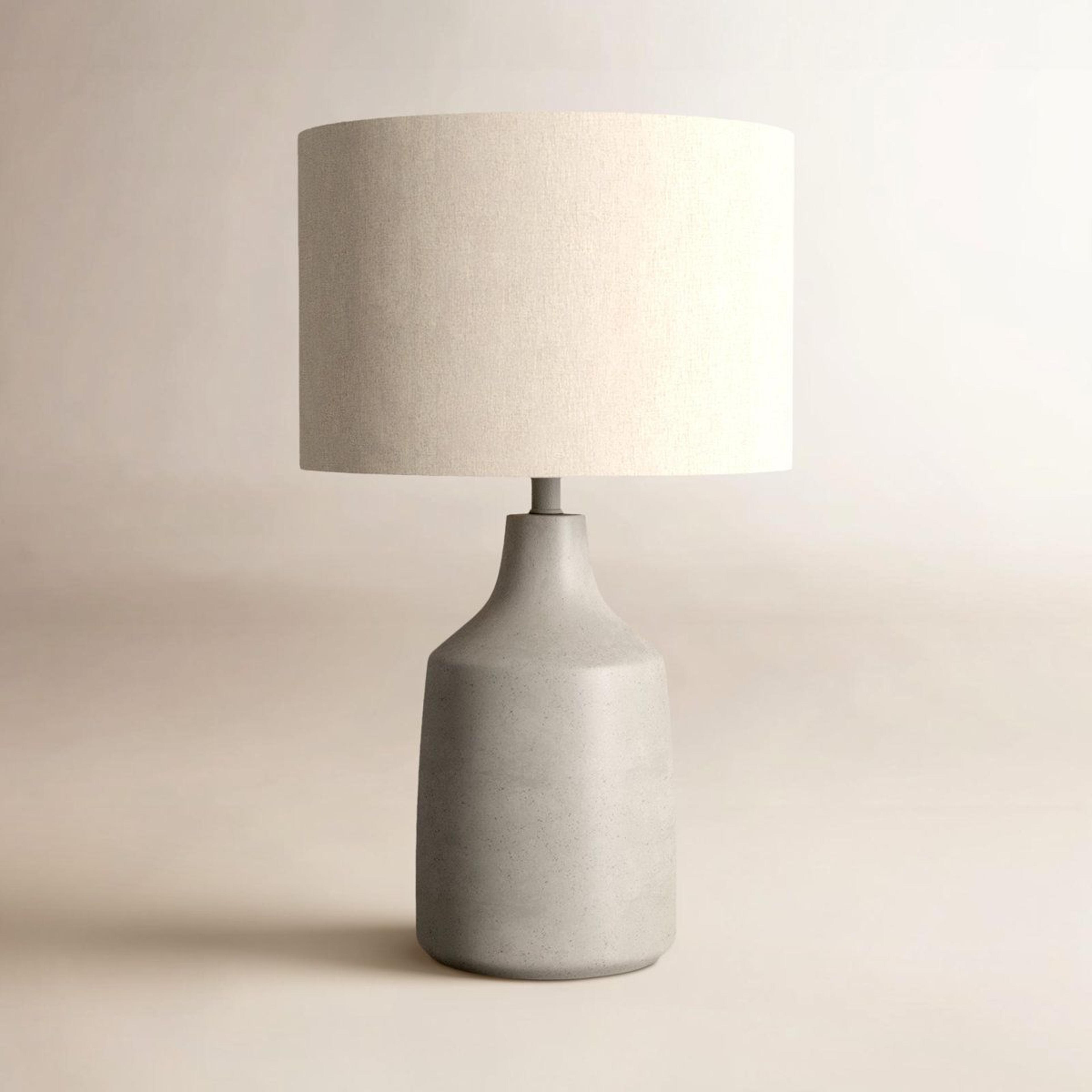 concrete base table lamp with linen drum shade