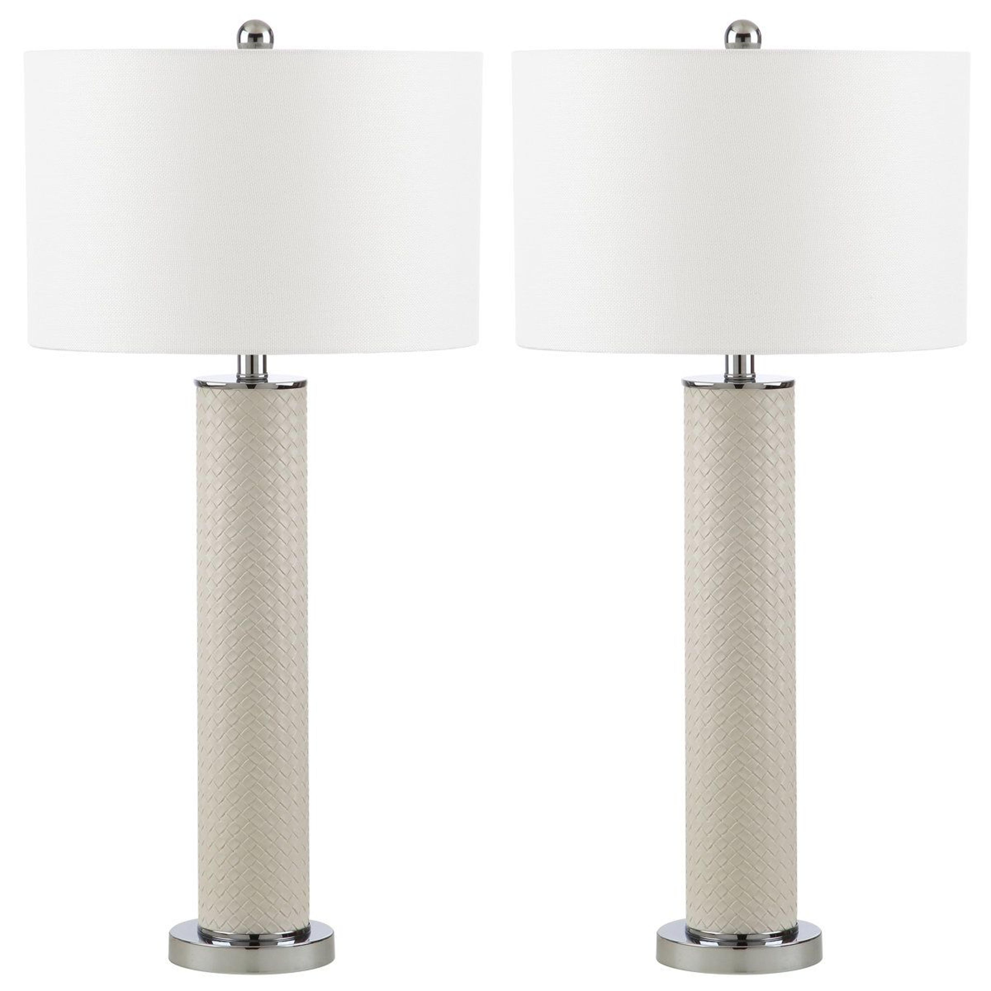 metal table lamp set of 2 with bi-cast leather and white drum shade