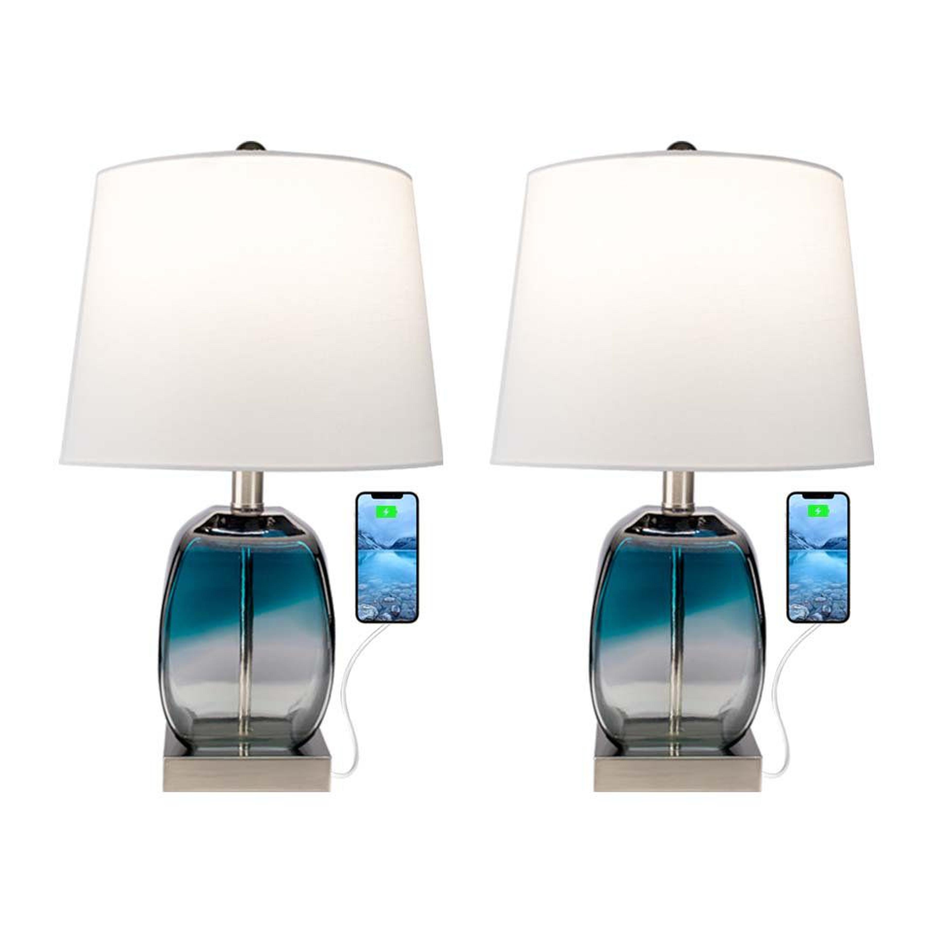 20.5 inch coastal glass table lamp set 3 way dimmable bedside lighting with built in usb port