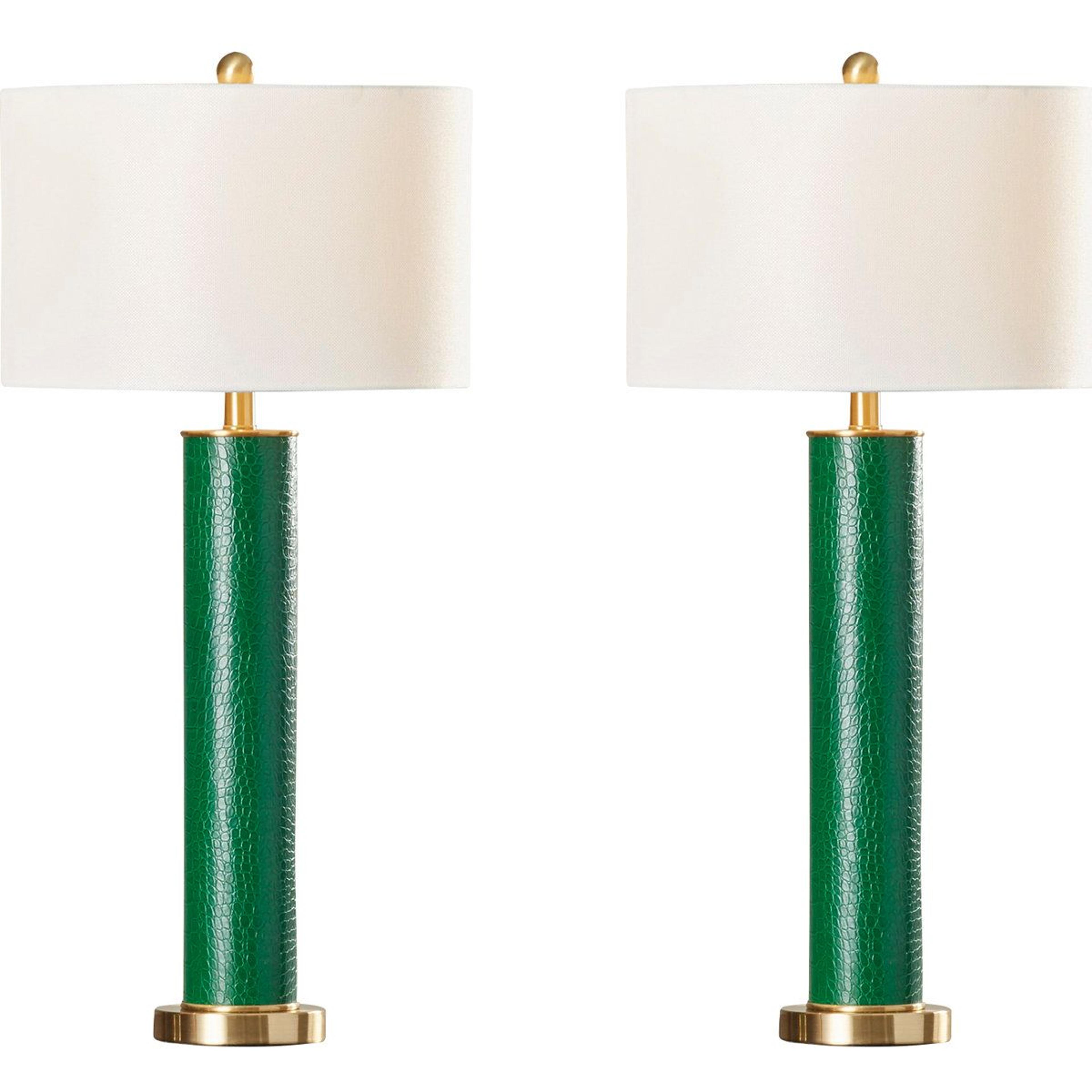 green faux leather table lamp set with cotton shades