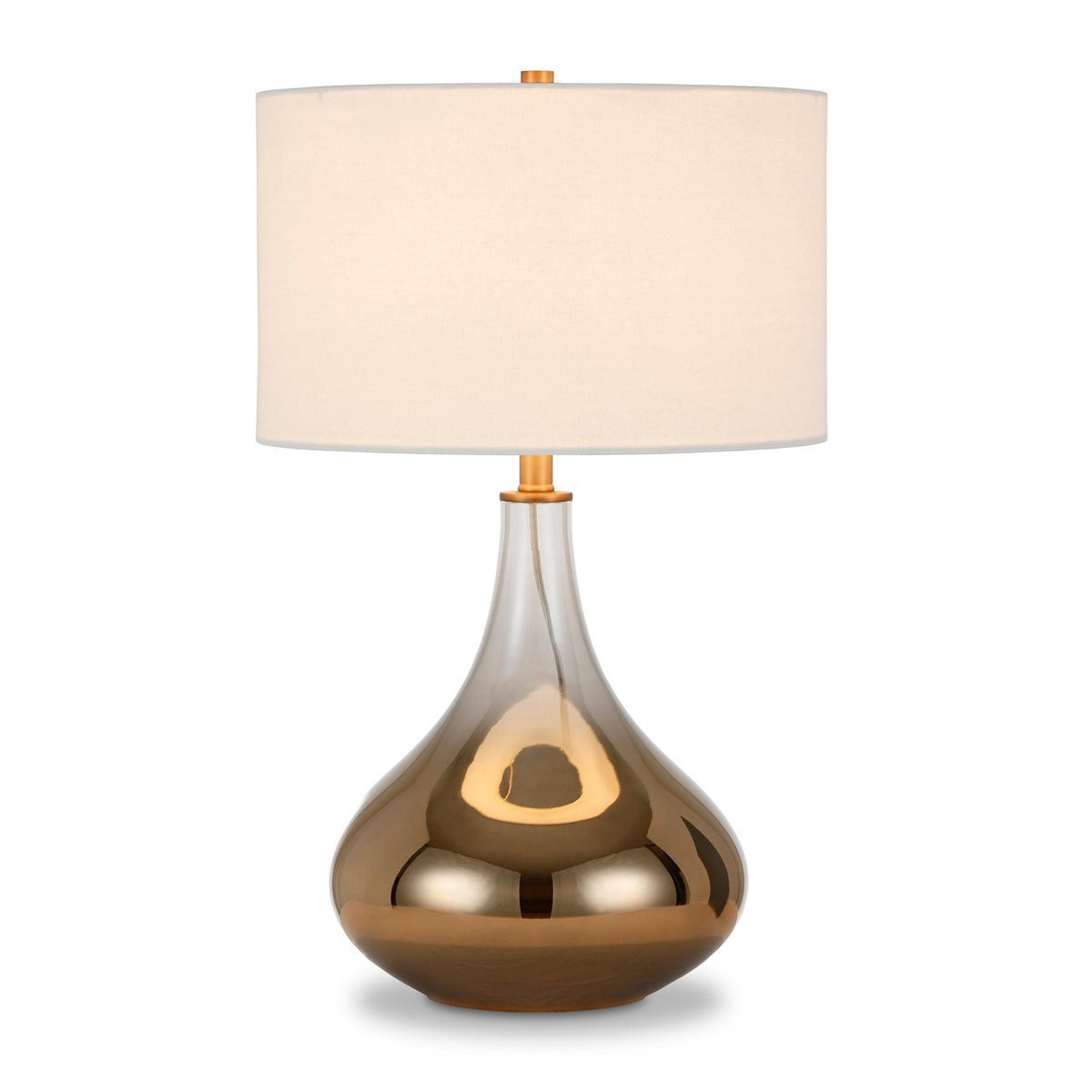 glass table lamp with white linen drum shade curved base accent light