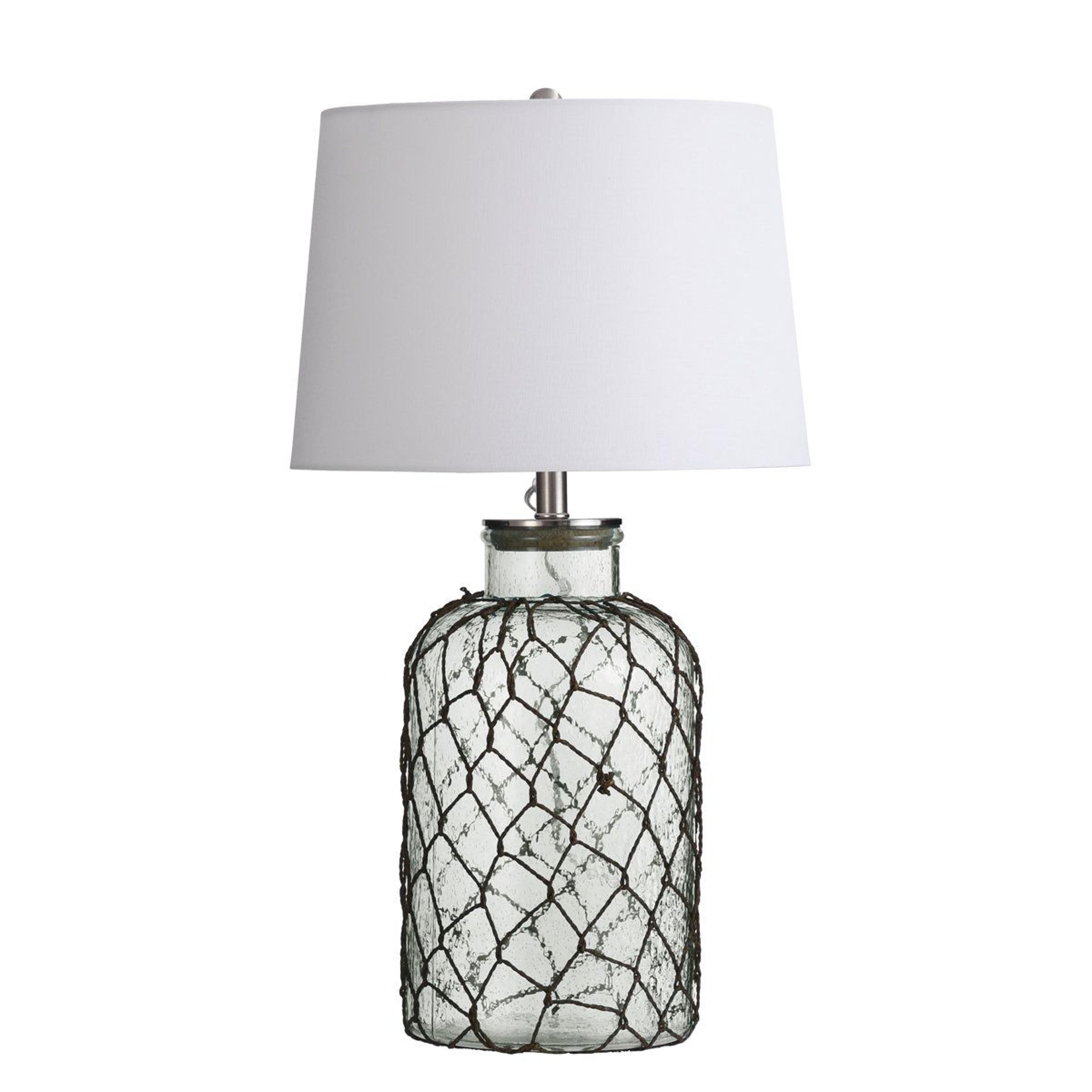 clear seeded glass coastal table lamp with rope netting overlay