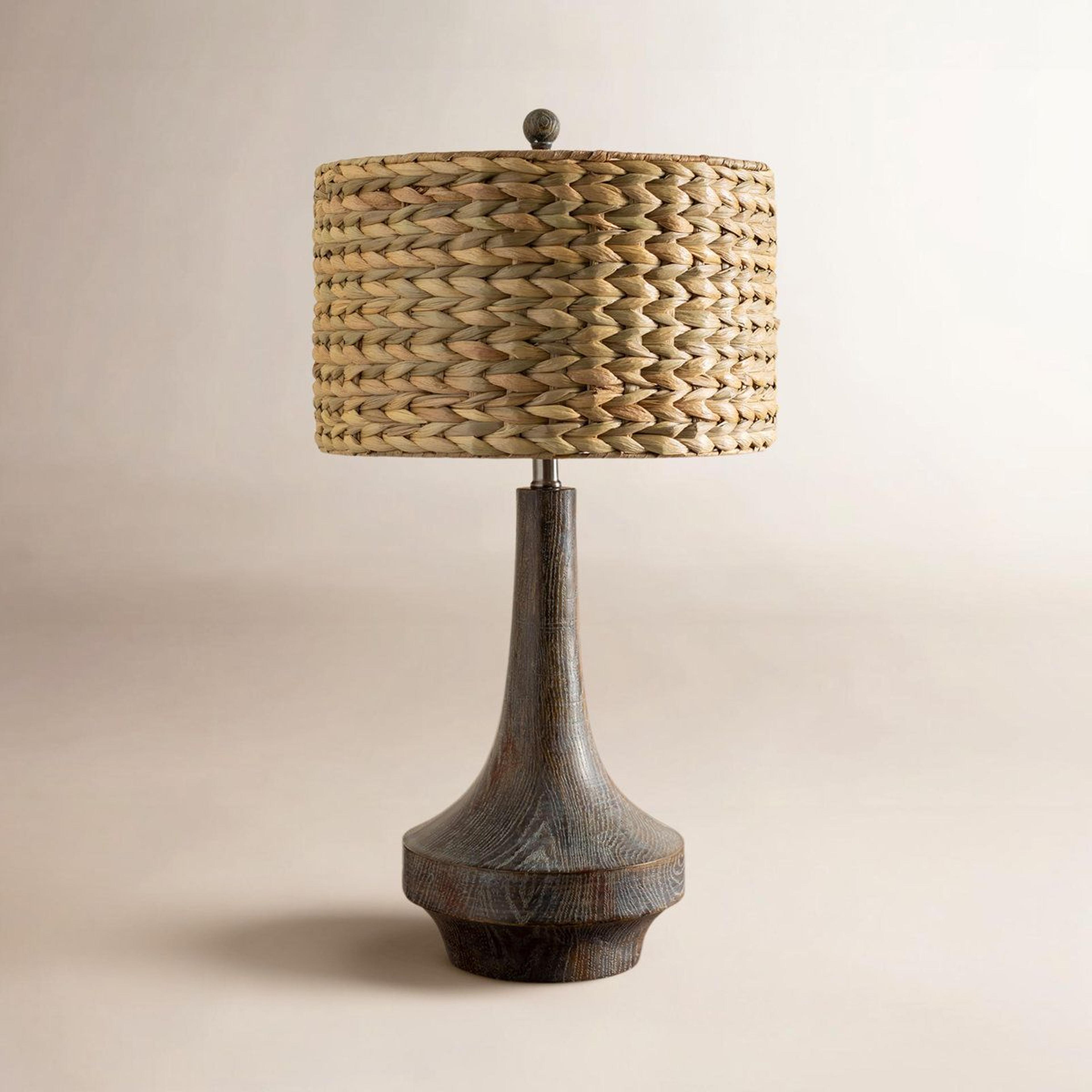 resin table lamp with seagrass drum shade and 3-way switch