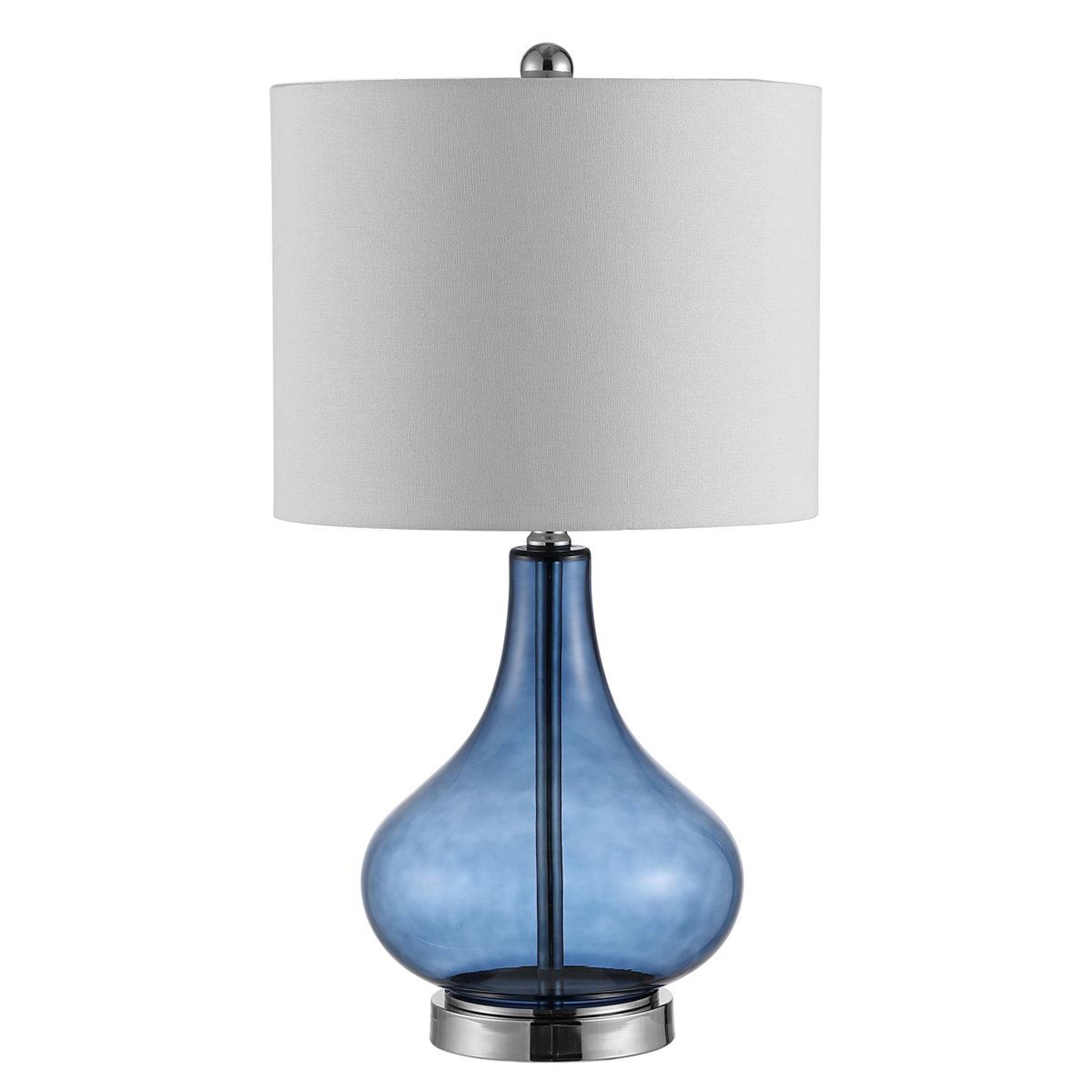 glass table lamp with white drum shade and led bulb