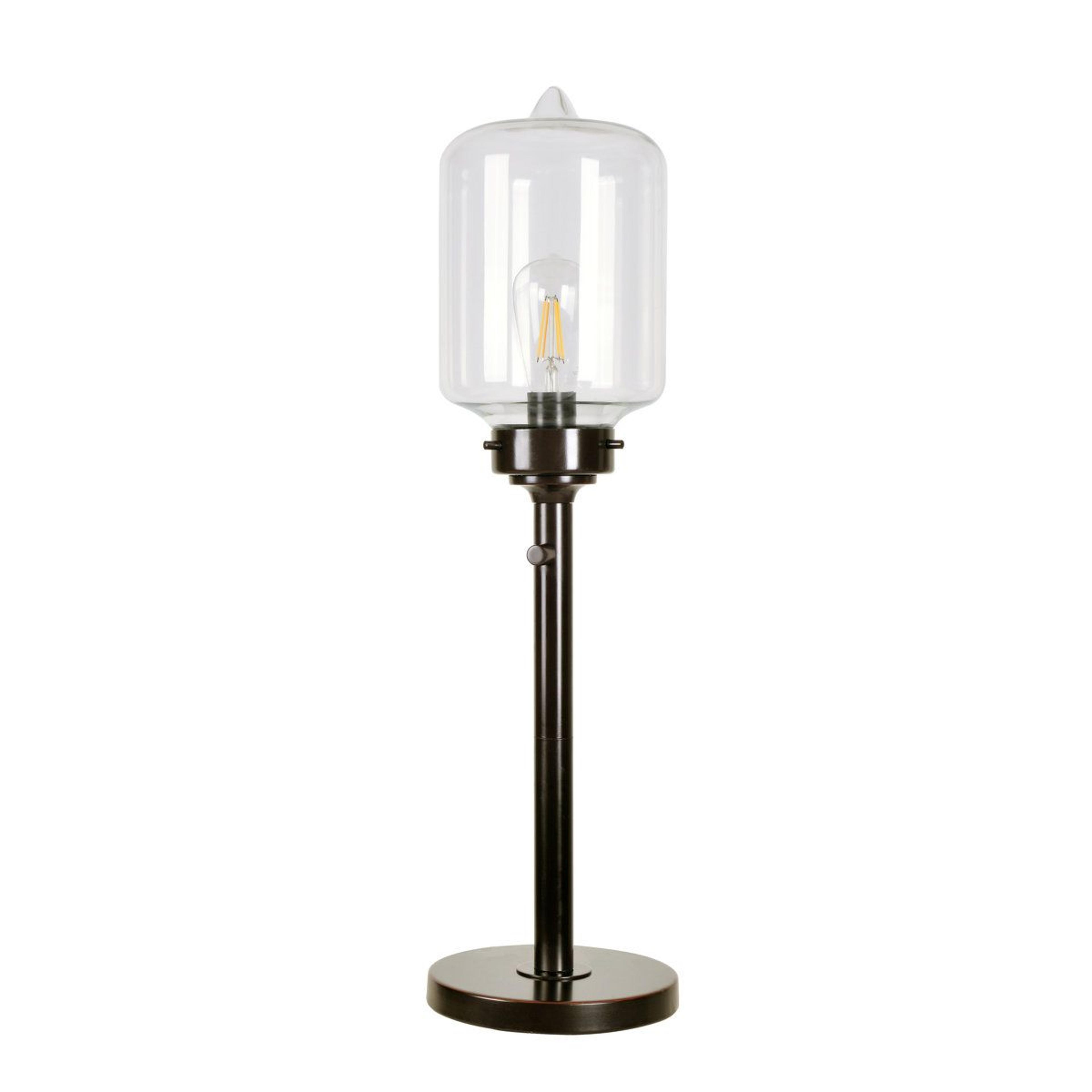 oil rubbed bronze table lamp with clear glass shade and vintage led bulb