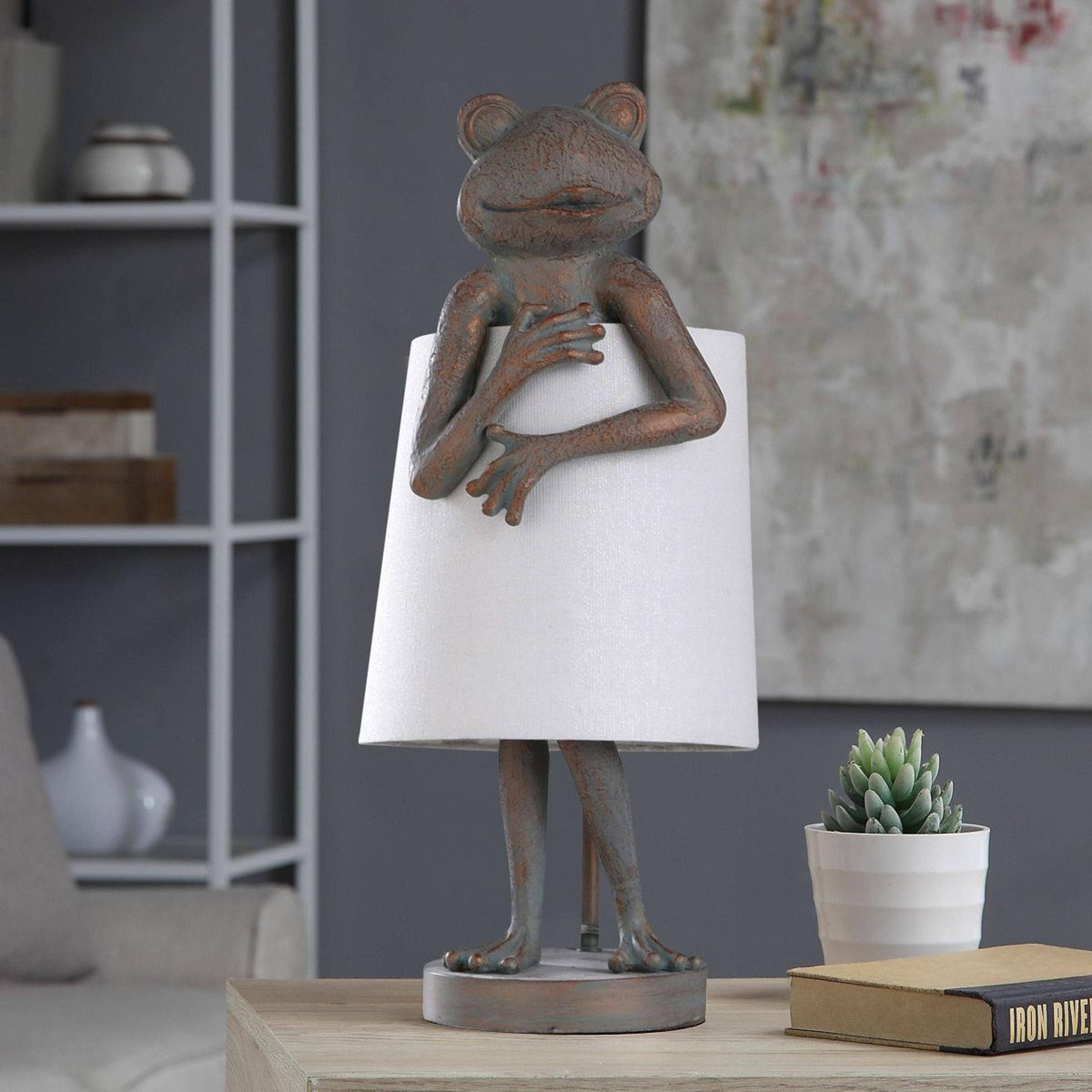 resin frog base table lamp with white linen shade 23 inch high