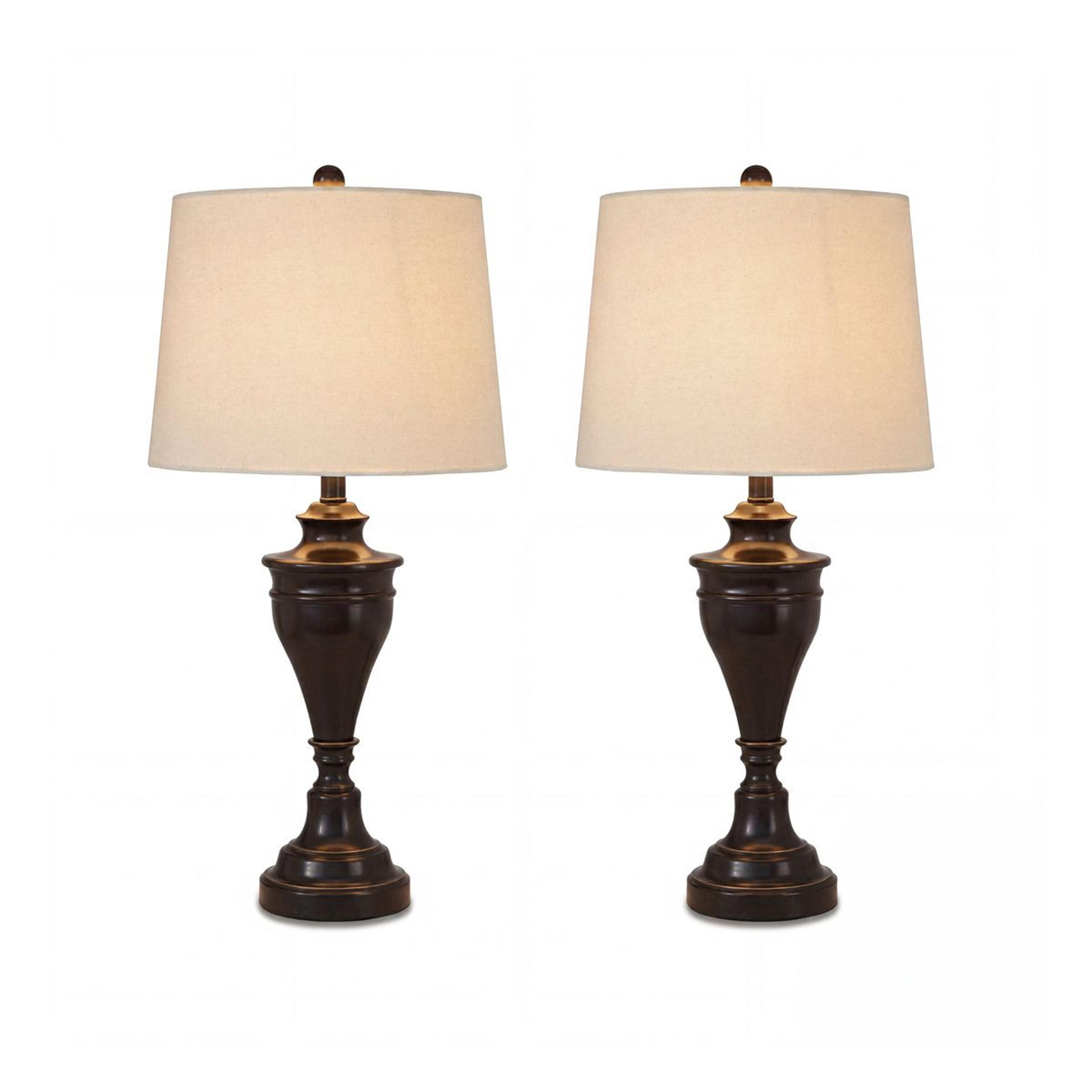 dark bronze metal table lamp set with gray fabric shade