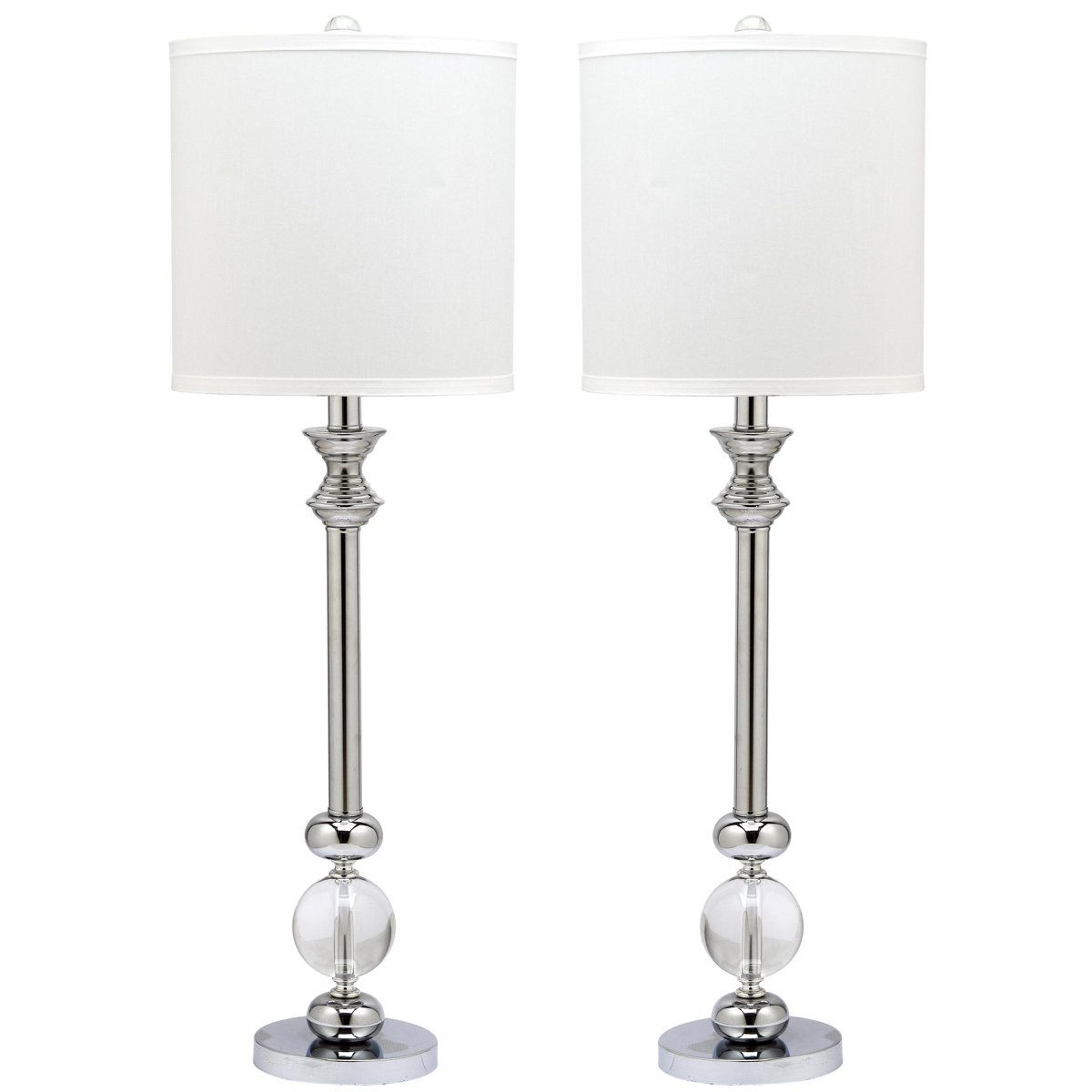 modern glass globe table lamp set with polished metal base and white drum shade
